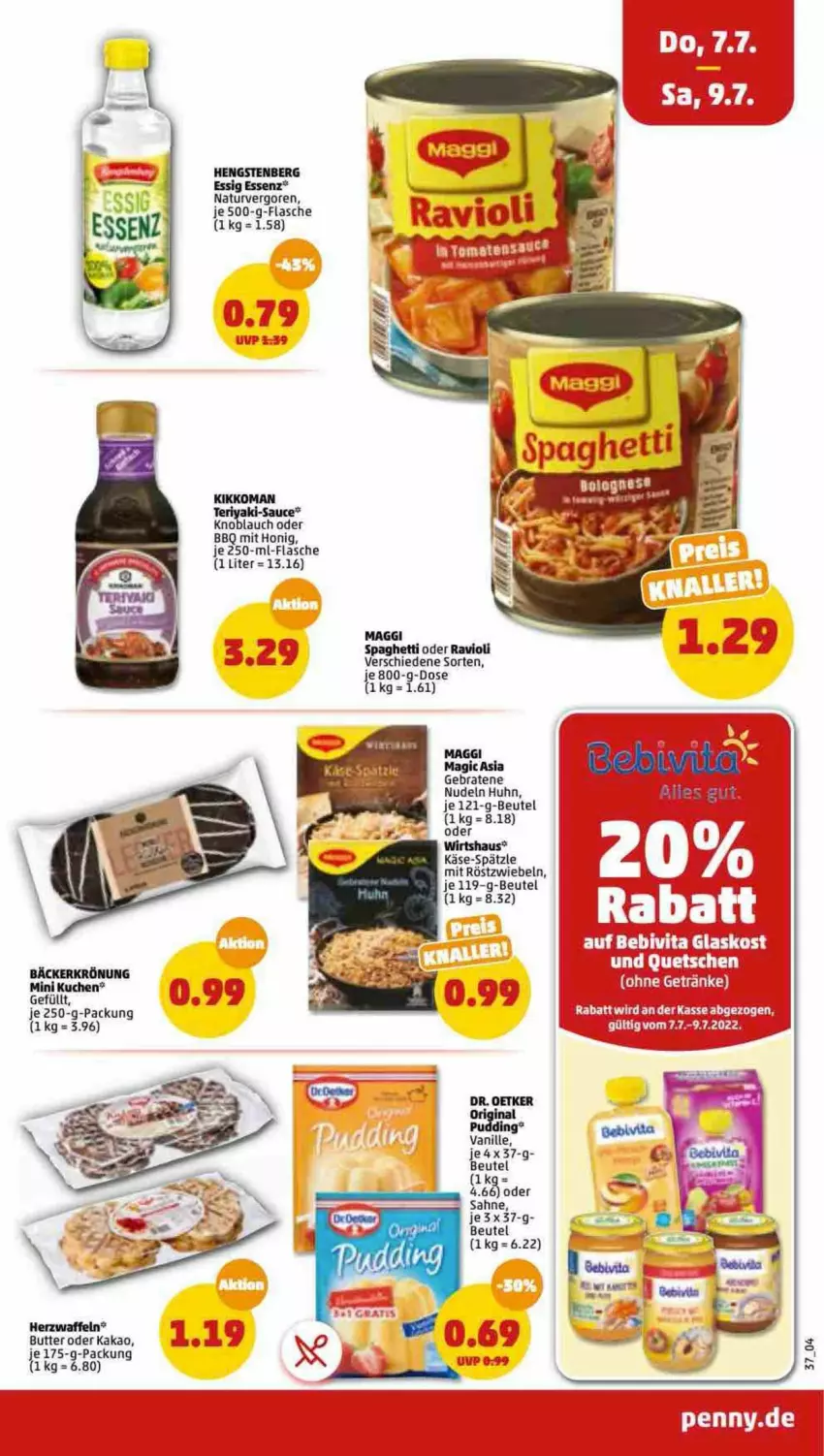 Aktueller Prospekt Penny - Prospekte - von 04.07 bis 09.07.2022 - strona 37 - produkty: beutel, braten, butter, Dr. Oetker, flasche, hengstenberg, honig, je 250-g-packung, kakao, Käse, kuchen, maggi, mit röstzwiebeln, natur, nudel, nudeln, ravioli, röstzwiebeln, sahne, sauce, spaghetti, Ti, vanille, zwiebel, zwiebeln