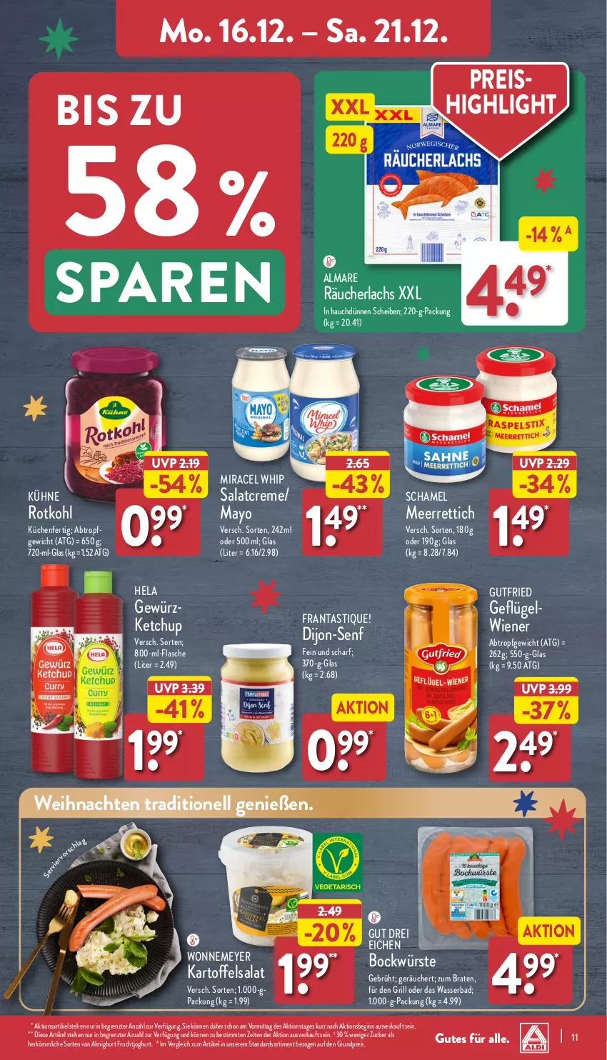 Aktueller Prospekt Aldi Nord - Von Montag - von 16.12 bis 21.12.2024 - strona 11 - produkty: almare, almighur, almighurt, asti, Bad, braten, creme, dijon-senf, eis, flasche, frucht, fruchtjoghurt, Geflügel, gewürz, gewürzketchup, gin, grill, gutfried, Hela, joghur, joghurt, kartoffel, kartoffelsalat, ketchup, küche, Küchen, Kühne, lachs, meerrettich, miracel, miracel whip, reis, Rettich, rotkohl, salat, salatcreme, schamel, senf, Ti, wasser, weihnachten, wiener, Yo, ZTE, zucker