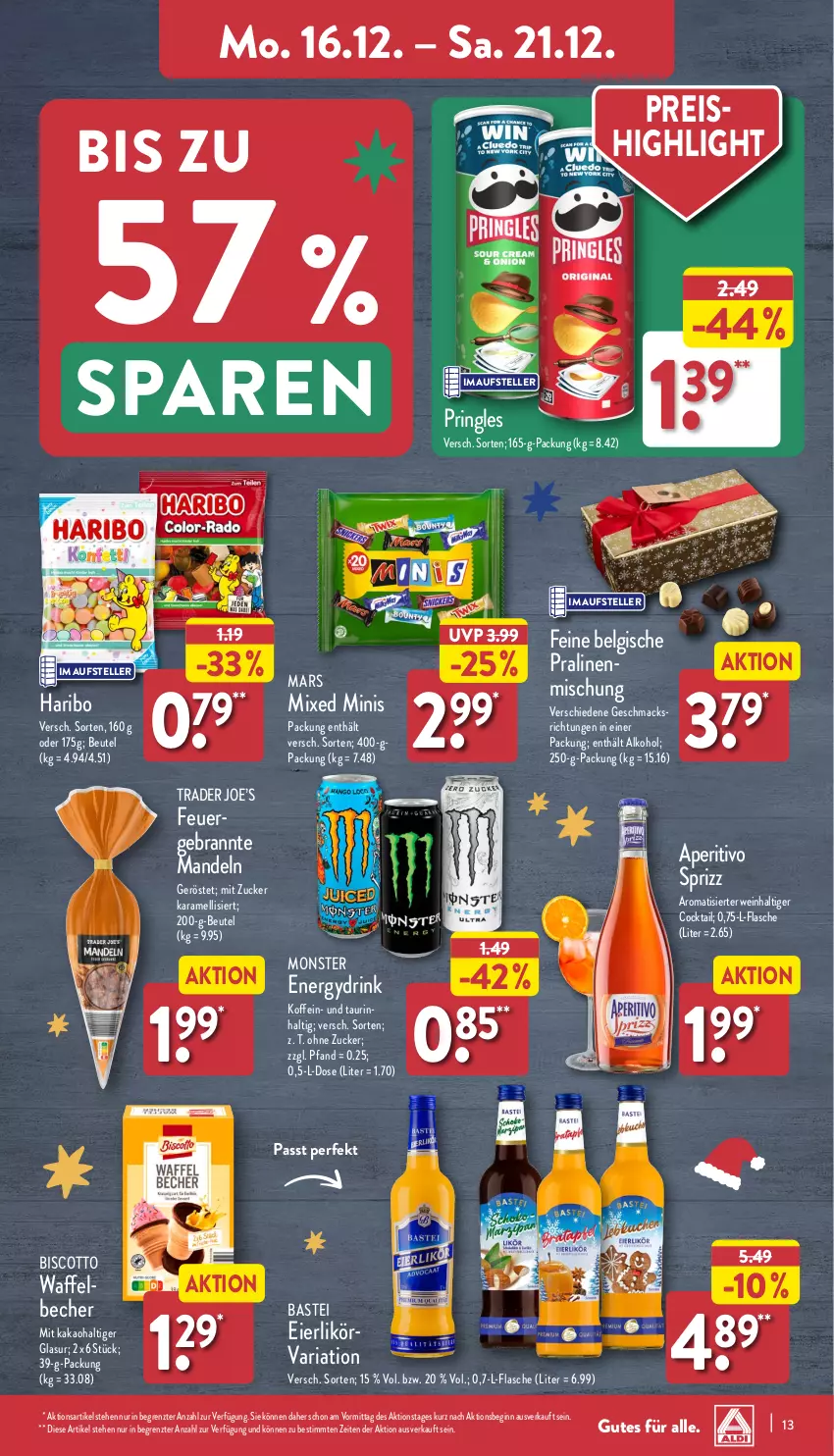 Aktueller Prospekt Aldi Nord - Von Montag - von 16.12 bis 21.12.2024 - strona 13 - produkty: alkohol, Becher, Belgische Pralinen, beutel, biscotto, cocktail, drink, eier, eierlikör, eis, elle, flasche, gin, haribo, kakao, karamell, LG, likör, mac, mandel, mandeln, mars, monster, Monster Energy, pralinen, pringles, reis, Ria, ring, Sprizz, teller, Ti, wein, ZTE, zucker