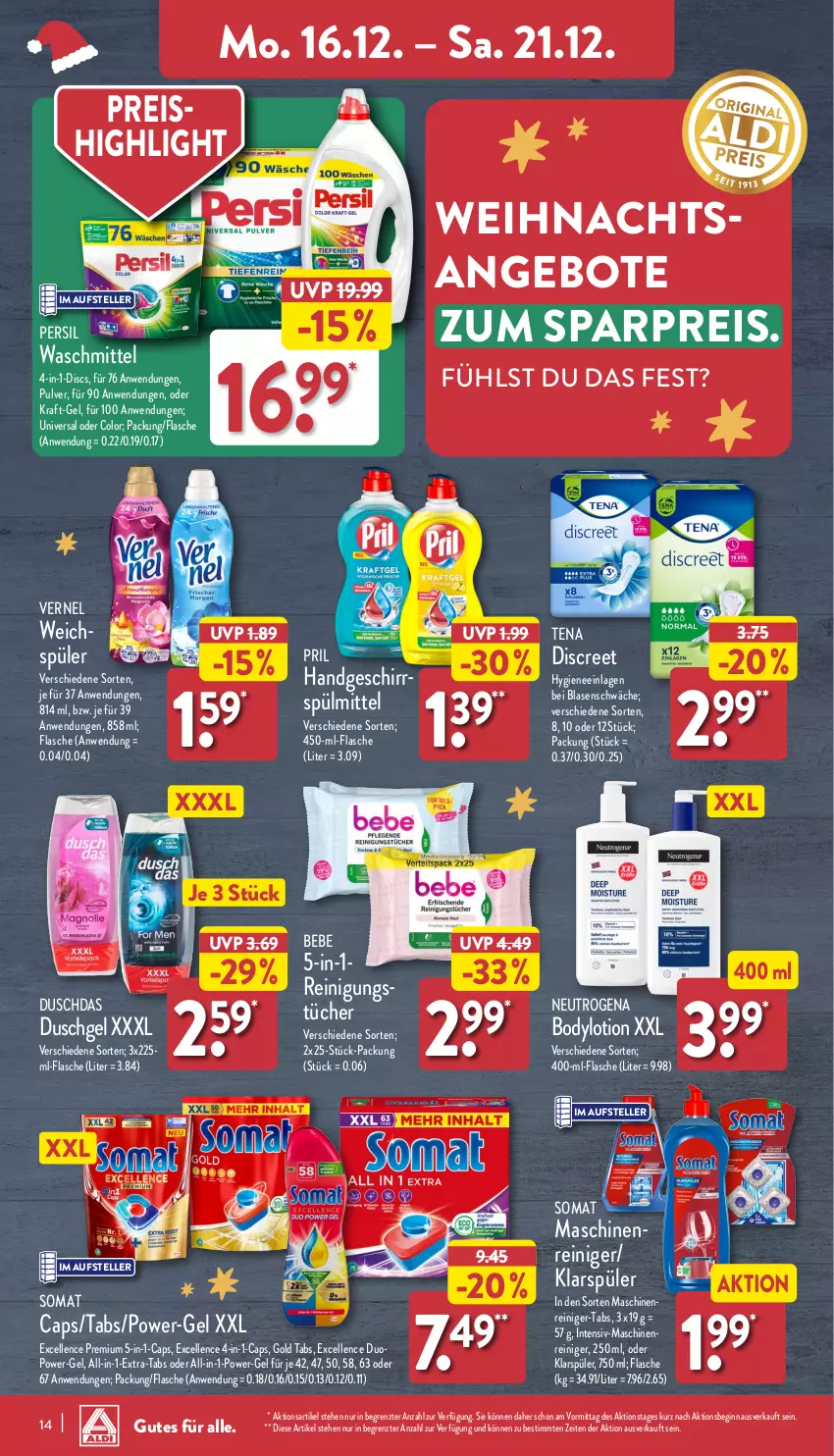 Aktueller Prospekt Aldi Nord - Von Montag - von 16.12 bis 21.12.2024 - strona 14 - produkty: angebot, angebote, Bebe, body, bodylotion, Cap, Discreet, duschdas, duschgel, eis, elle, flasche, geschirr, gin, klarspüler, kraft, Lotion, neutrogena, persil, power-gel, pril, reiniger, Reinigung, reis, somat, teller, Ti, tücher, vernel, waschmittel, weichspüler, ZTE