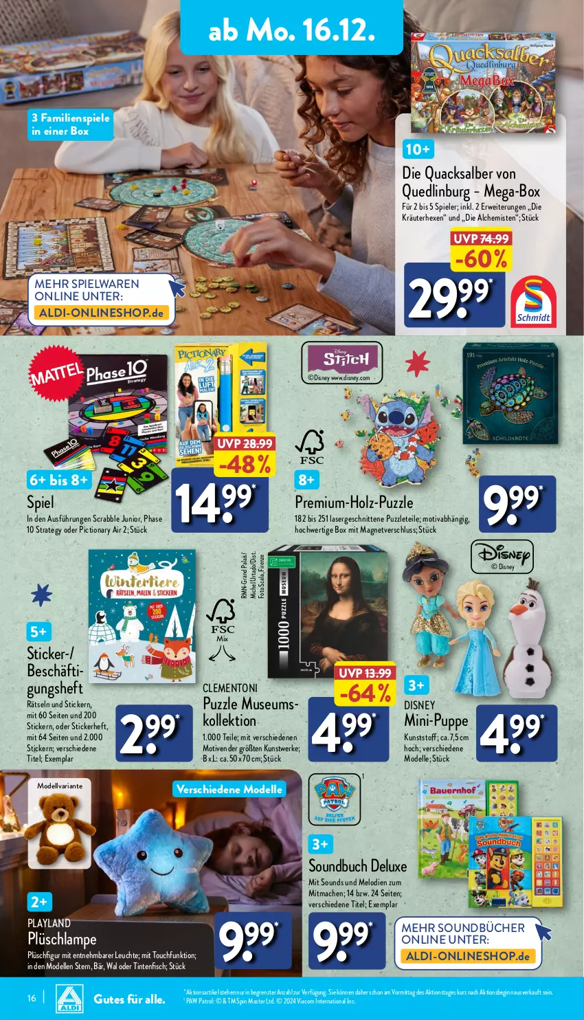 Aktueller Prospekt Aldi Nord - Von Montag - von 16.12 bis 21.12.2024 - strona 16 - produkty: aldi, buch, dell, disney, elle, Familienspiel, fisch, gin, Holz, Holz-Puzzle, kräuter, Lampe, Leuchte, mac, Mode, Paw Patrol, Plüsch, Puppe, Puzzle, Ria, schnitten, Soundbuch, Spiele, spielwaren, Ti, ZTE