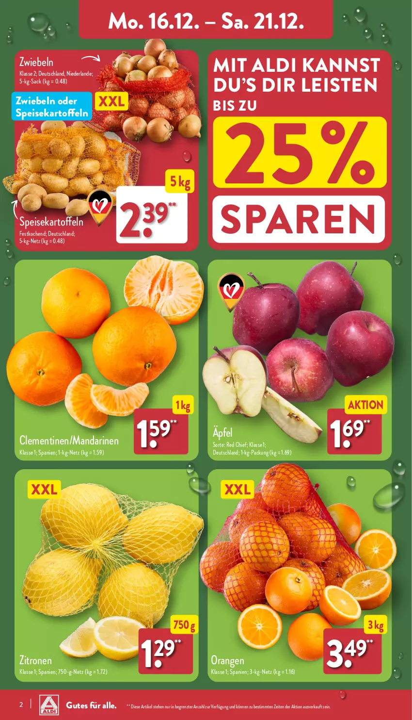 Aktueller Prospekt Aldi Nord - Von Montag - von 16.12 bis 21.12.2024 - strona 2 - produkty: aldi, clementinen, eis, kartoffel, kartoffeln, mandarine, mandarinen, orange, orangen, reis, sac, speisekartoffeln, Ti, zitrone, zitronen, ZTE, zwiebel, zwiebeln