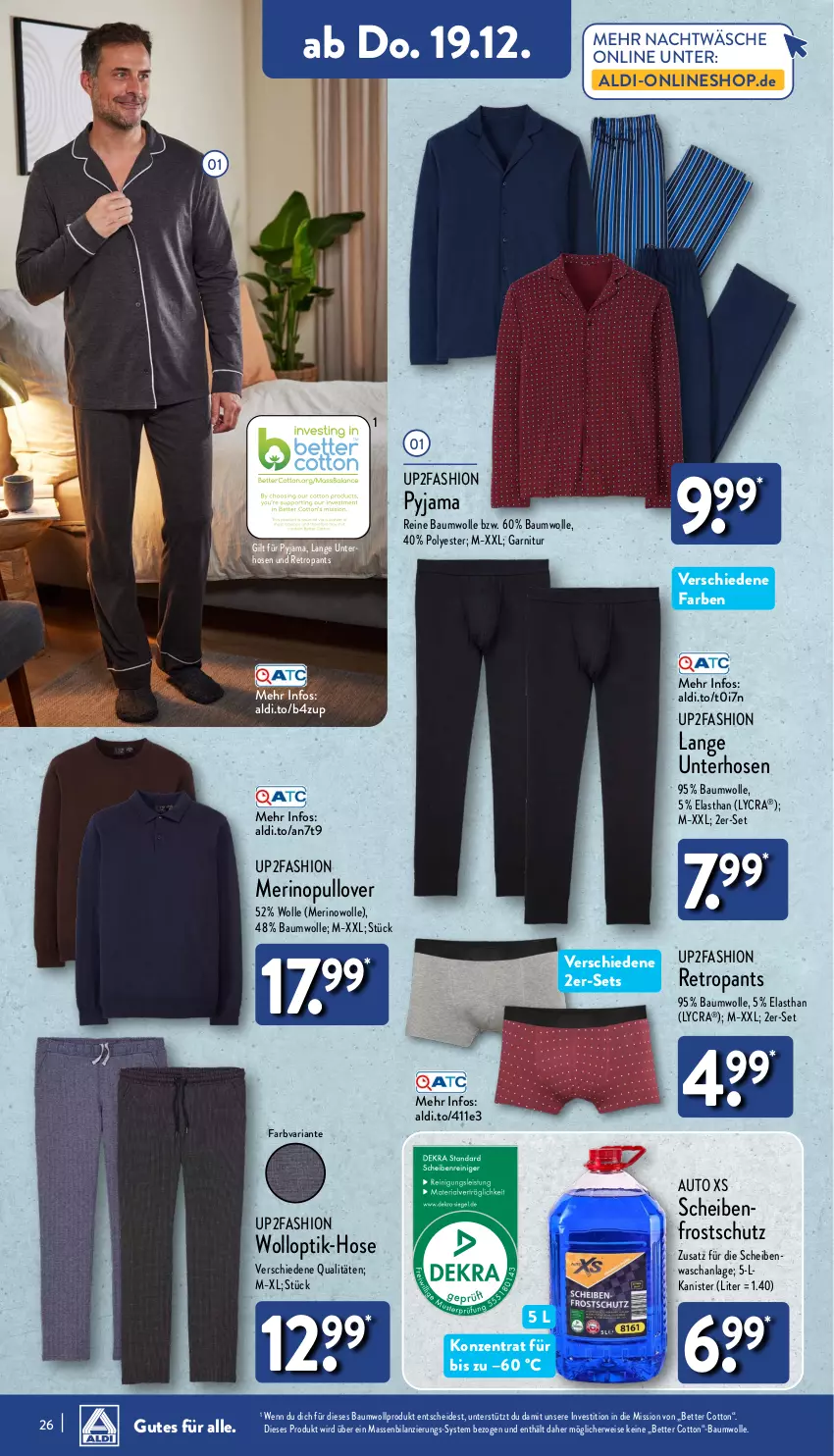 Aktueller Prospekt Aldi Nord - Von Montag - von 16.12 bis 21.12.2024 - strona 26 - produkty: aldi, auto, Bau, baumwolle, bett, eis, garnitur, hose, hosen, Pants, Pullover, Pyjama, reine baumwolle, Retropants, Ria, rwe, Scheibenfrostschutz, Ti, up2fashion, wolle