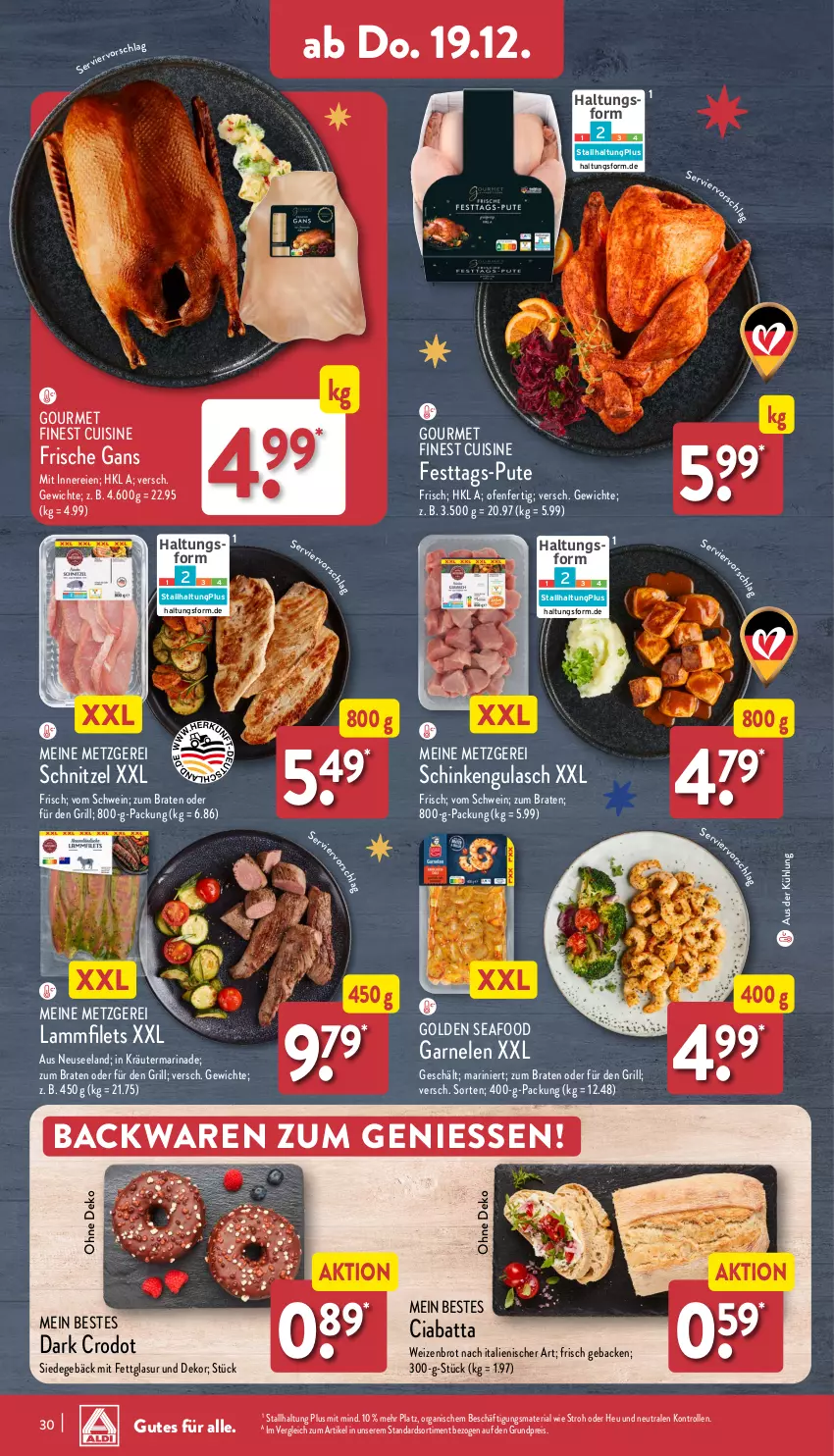 Aktueller Prospekt Aldi Nord - Von Montag - von 16.12 bis 21.12.2024 - strona 30 - produkty: backwaren, braten, brot, ciabatta, eis, Elan, filet, filets, Frische Gans, garnelen, geback, grill, gulasch, Heu, kräuter, lamm, Lammfilets, marinade, Ofen, pute, reis, Ria, schinken, schnitzel, schwein, Ti, wein, Weizenbrot