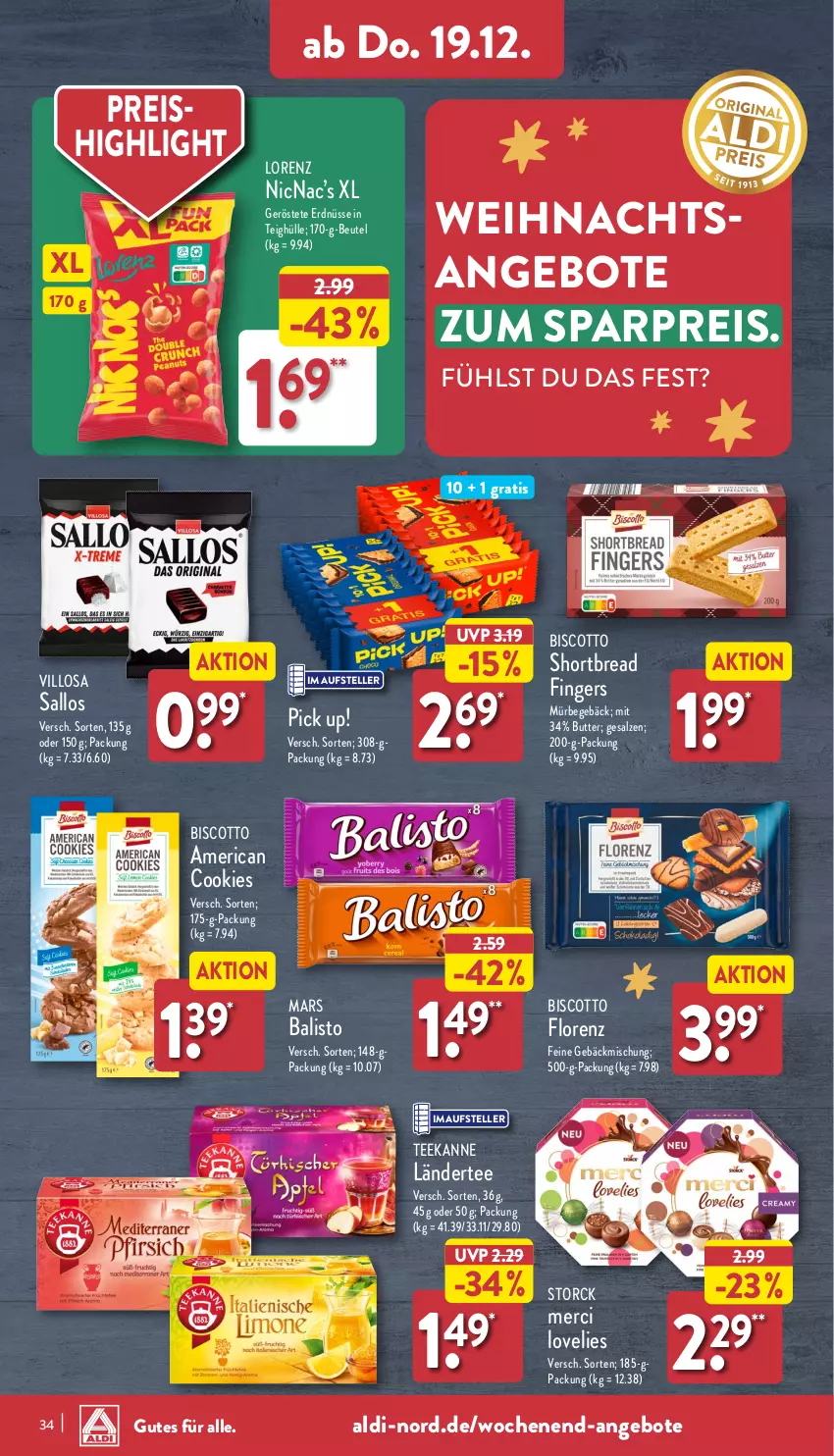 Aktueller Prospekt Aldi Nord - Von Montag - von 16.12 bis 21.12.2024 - strona 34 - produkty: aldi, angebot, angebote, balisto, beutel, biscotto, butter, cookie, cookies, eis, elle, erdnüsse, Feine Gebäckmischung, gebäckmischung, Ländertee, lorenz, mars, merci, Pick Up!, reis, salz, storck, tee, teekanne, teller, Ti