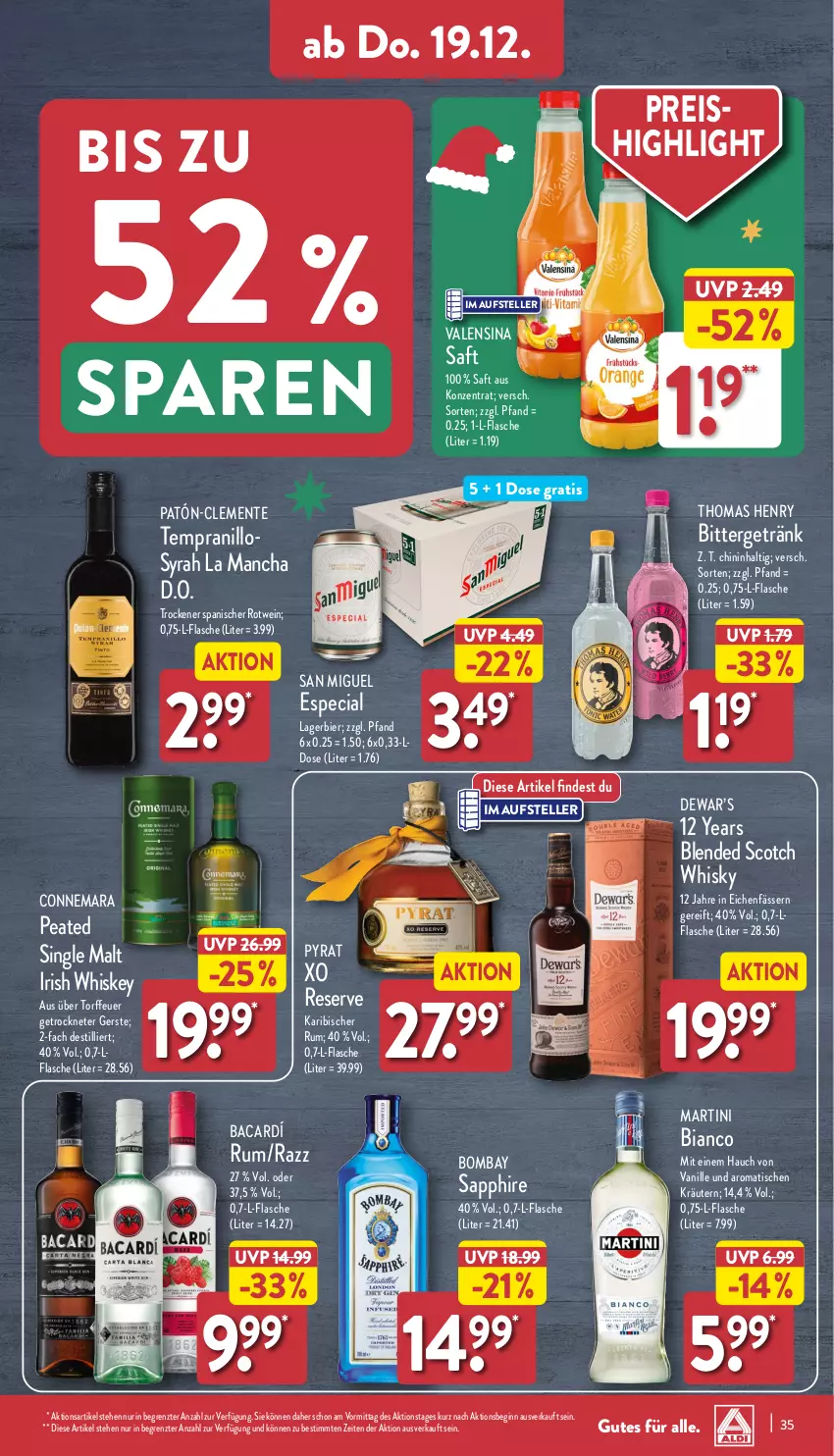 Aktueller Prospekt Aldi Nord - Von Montag - von 16.12 bis 21.12.2024 - strona 35 - produkty: bier, blended scotch, blended scotch whisky, bombay sapphire, eis, elle, ente, flasche, getränk, gin, irish whiskey, kräuter, kräutern, Lagerbier, martini, reis, rotwein, rum, saft, sapphire, scotch, scotch whisky, single malt, teller, tempranillo, thomas henry, Ti, tisch, valensina, vanille, wein, whiskey, whisky, ZTE