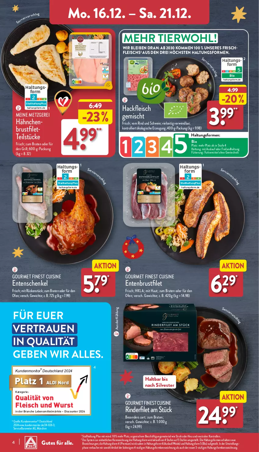 Aktueller Prospekt Aldi Nord - Von Montag - von 16.12 bis 21.12.2024 - strona 4 - produkty: aldi, bio, braten, brustfilet, discount, eis, elle, ente, Entenbrust, Entenschenkel, filet, fleisch, grill, hackfleisch, hackfleisch gemischt, henkel, Heu, lebensmittel, monitor, Ofen, Ria, rind, rinder, rinderfilet, rwe, schenkel, schwein, Ti, trolli, wein, wurst