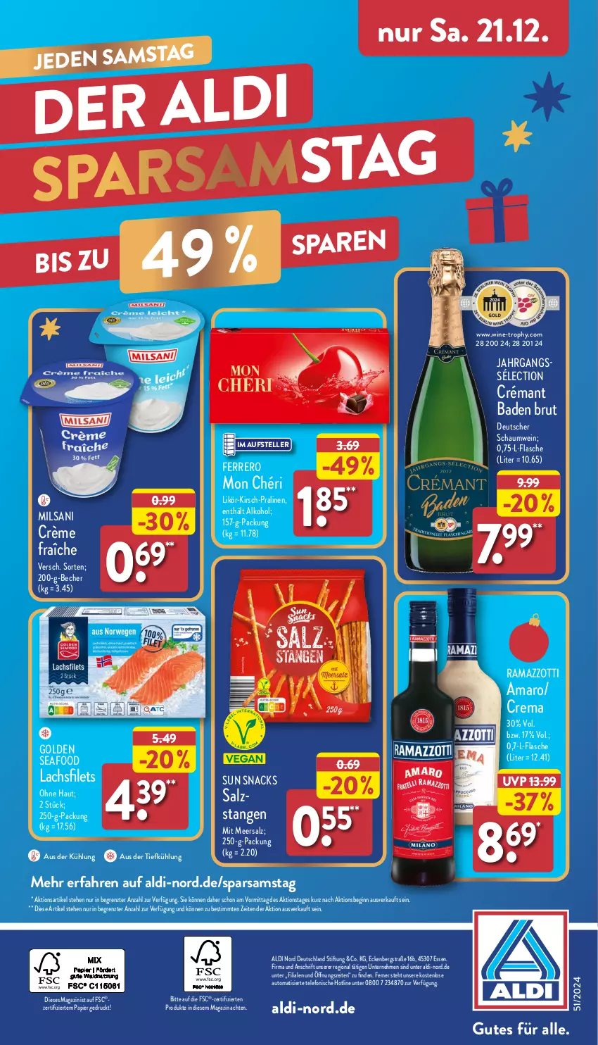 Aktueller Prospekt Aldi Nord - Von Montag - von 16.12 bis 21.12.2024 - strona 40 - produkty: aldi, alkohol, amaro, aus der tiefkühlung, auto, Bad, Becher, brut, crème fraîche, elle, ferrero, filet, filets, flasche, gin, kirsch, lachs, lachsfilet, lachsfilets, likör, magazin, meersalz, Mon Chéri, papier, pralinen, rama, ramazzott, ramazzotti, salz, snack, snacks, Sun Snacks, telefon, teller, Ti, wein, zott, ZTE