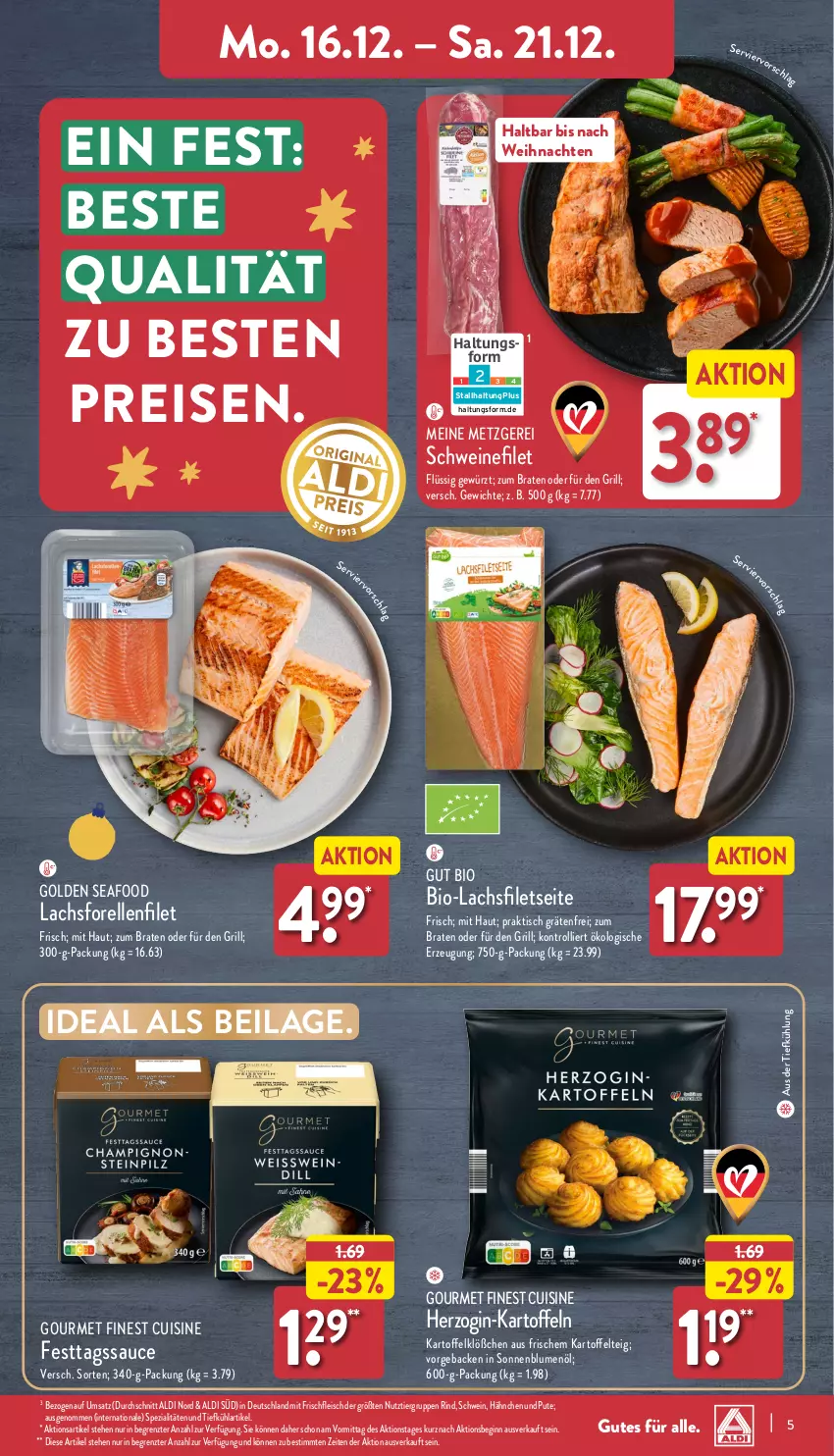 Aktueller Prospekt Aldi Nord - Von Montag - von 16.12 bis 21.12.2024 - strona 5 - produkty: aldi, aus der tiefkühlung, bio, blume, blumen, blumenöl, braten, eis, elle, filet, filets, fleisch, forelle, geback, gewürz, gin, grill, ilag, kartoffel, kartoffeln, lachs, pute, reis, rel, rind, sauce, schwein, schweine, schweinefilet, sonnenblume, sonnenblumen, sonnenblumenöl, Spezi, Ti, tisch, trolli, weihnachten, wein, weine, ZTE