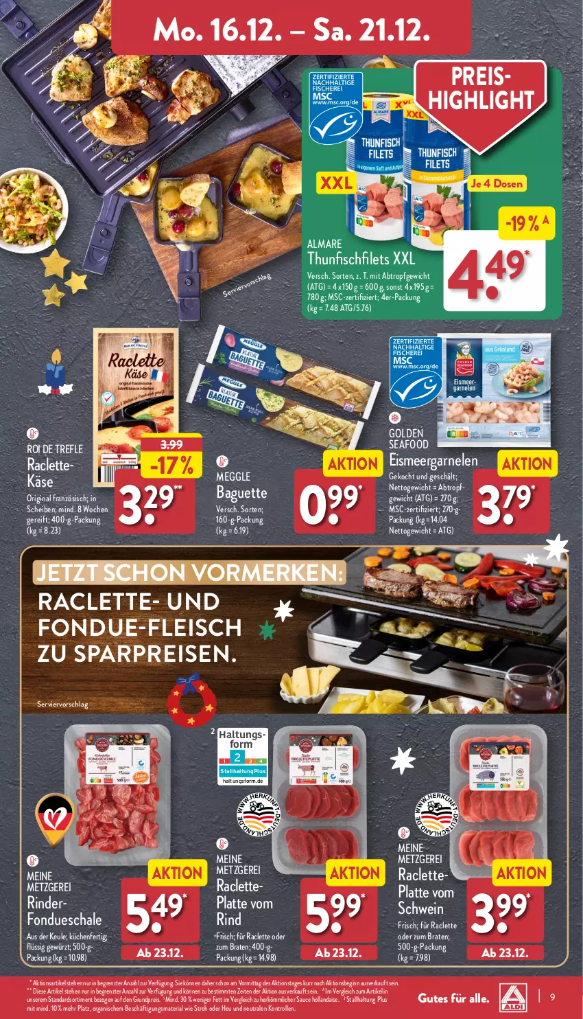 Aktueller Prospekt Aldi Nord - Von Montag - von 16.12 bis 21.12.2024 - strona 9 - produkty: almare, baguette, braten, eis, filet, filets, fisch, fleisch, Fondue, garnelen, gewürz, gin, Heu, hollandaise, Käse, küche, Küchen, latte, meggle, reis, Ria, rind, rinder, sauce, sauce hollandaise, Schal, Schale, schwein, thunfisch, Ti, wein, ZTE