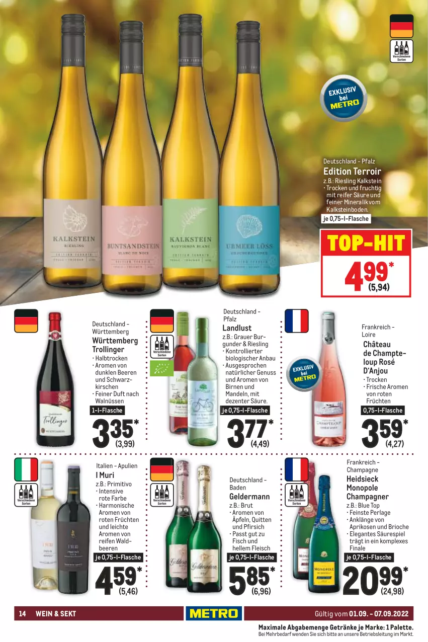 Aktueller Prospekt Metro - Food - von 01.09 bis 07.09.2022 - strona 14 - produkty: aprikose, aprikosen, auer, Bad, Bau, beere, beeren, bio, Birnen, brut, burgunder, champagne, champagner, eis, elle, ente, fisch, flasche, fleisch, frucht, früchte, früchten, geldermann, getränk, getränke, grauer burgunder, kirsch, kirsche, kirschen, mandel, mandeln, nuss, Palette, perla, pfirsich, primitivo, reifen, riesling, sekt, Ti, top-hit, trolli, trollinger, wein