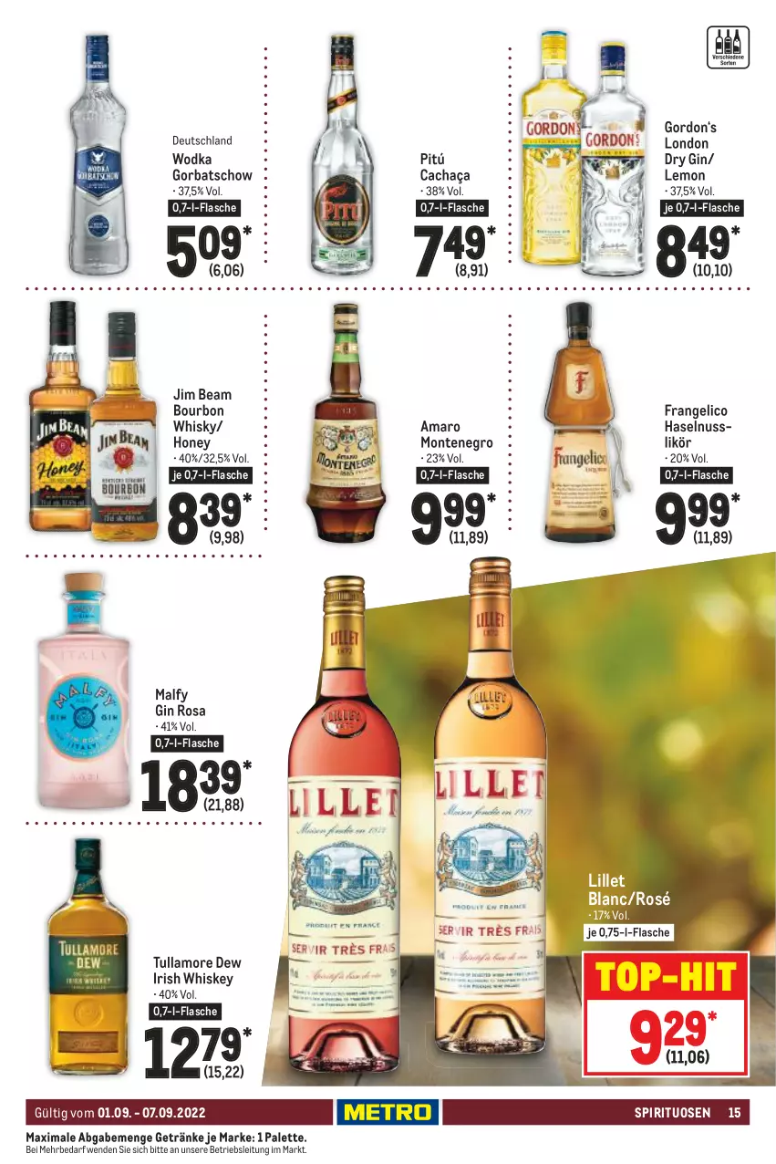 Aktueller Prospekt Metro - Food - von 01.09 bis 07.09.2022 - strona 15 - produkty: amaro, bourbon, cachaça, dry gin, flasche, frangelico, getränk, getränke, gin, Gorbatschow, gordon, haselnuss, irish whiskey, jim beam, likör, lillet, london dry, london dry gin, monte, nuss, Palette, spirituosen, Ti, top-hit, tullamore, tullamore dew, whiskey, whisky, wodka