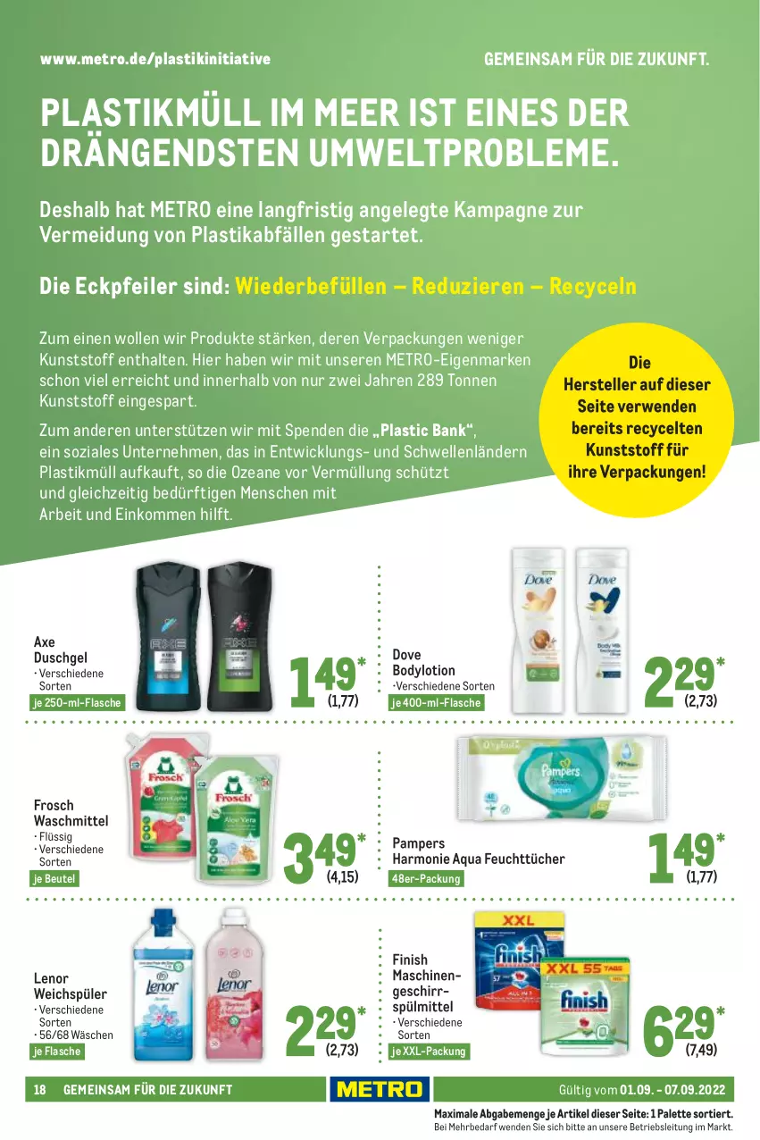 Aktueller Prospekt Metro - Food - von 01.09 bis 07.09.2022 - strona 18 - produkty: aqua, asti, axe, axe duschgel, Bank, beutel, body, bodylotion, dove, duschgel, elle, feuchttücher, Finish, flasche, Frosch, geschirr, geschirrspülmittel, lenor, lenor weichspüler, Lotion, Metro, Palette, pampers, rwe, spülmittel, teller, Ti, tücher, waschmittel, weichspüler, WICK, wolle, xxl-packung