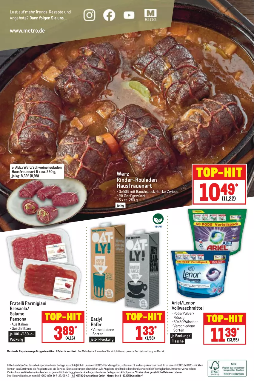 Aktueller Prospekt Metro - Food - von 01.09 bis 07.09.2022 - strona 20 - produkty: abholpreise, angebot, angebote, ariel, Bau, Bresaola, eis, flasche, gewürz, gurke, hafer, ilag, lenor, LG, Metro, metro gastro, nero, Palette, Pods, Rauch, reis, resa, rezept, rezepte, rind, rinder, rinder-rouladen, rouladen, rwe, schnitten, schwein, schweine, Schweineroulade, senf, Speck, Ti, top-hit, vollwaschmittel, waschmittel, wein, weine, zwiebel