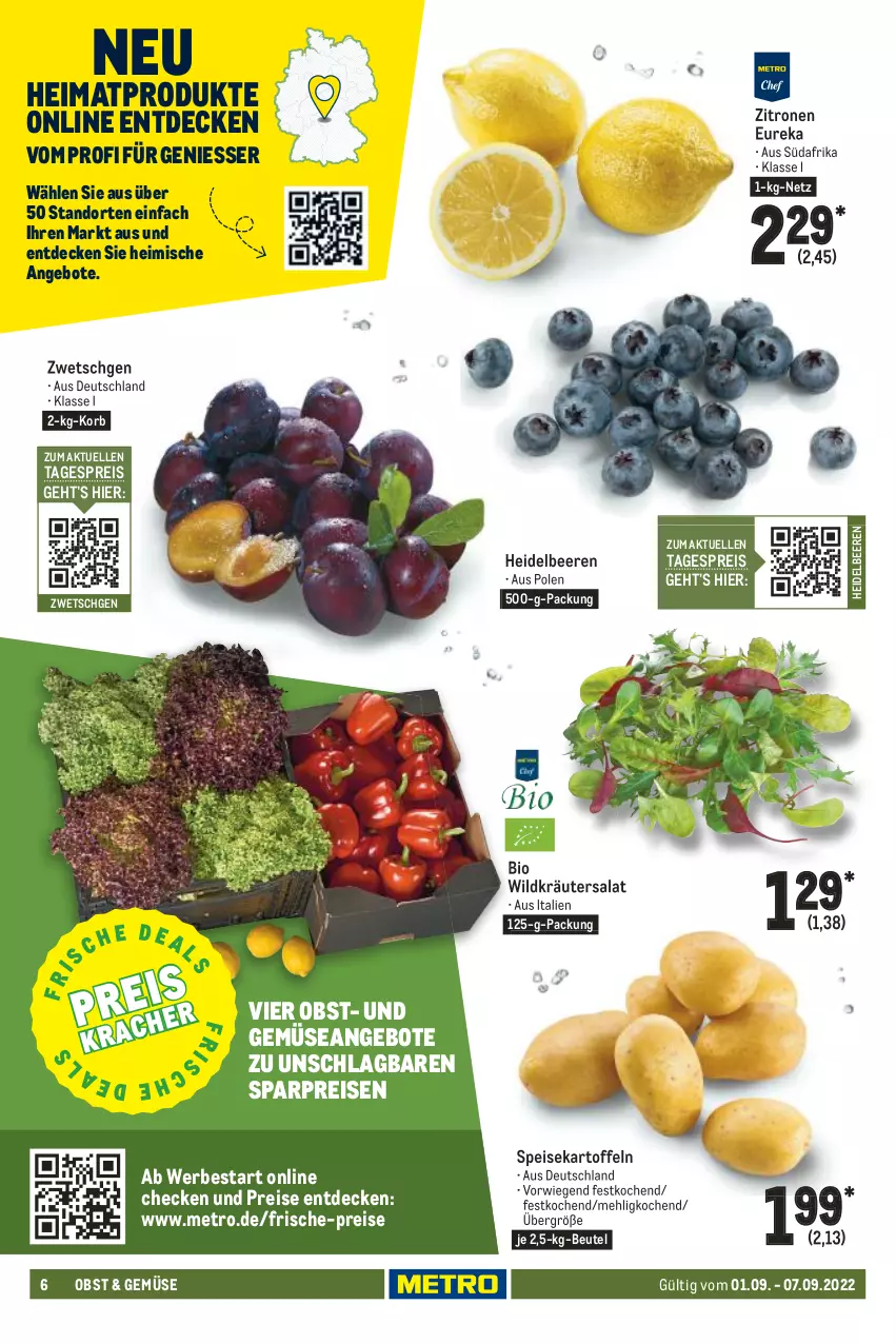 Aktueller Prospekt Metro - Food - von 01.09 bis 07.09.2022 - strona 6 - produkty: angebot, angebote, beere, beeren, beutel, bio, decke, eis, elle, heidelbeere, heidelbeeren, kartoffel, kartoffeln, korb, kräuter, mehl, Metro, obst, reis, salat, speisekartoffeln, Ti, und gemüse, Wild, zitrone, zitronen