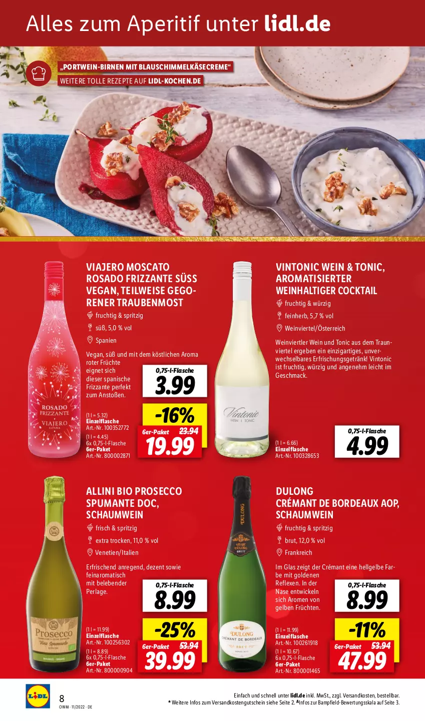 Aktueller Prospekt Lidl - Beste Weine für jeden Anlass - von 09.11 bis 30.11.2022 - strona 8 - produkty: aperitif, bio, Birnen, brut, cocktail, creme, ecco, eis, erfrischungsgetränk, flasche, frizzante, frucht, früchte, früchten, getränk, gutschein, Käse, LG, mac, ndk, perla, Portwein, prosecco, puma, rezept, rezepte, rwe, spumante, Ti, tisch, tonic, trauben, wein, WICK