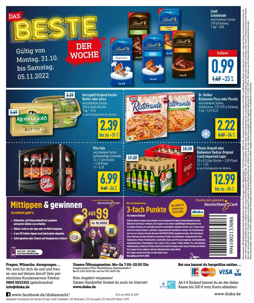 Aktueller Prospekt Diska - Prospekte - von 31.10 bis 05.11.2022 - strona 12 - produkty: angebot, angebote, buch, budweiser, cola, coupon, deka, deutschlandcard, eier, eis, ente, erde, gin, guthabenkarte, gutschein, kerrygold, kraft, limo, limonade, lindt, pils, pilsner, pilsner urquell, pizza, reis, ring, ristorante, ristorante pizza, sac, schoko, schokolade, Tchibo, tee, telefon, Ti, uhr, vita, ZTE