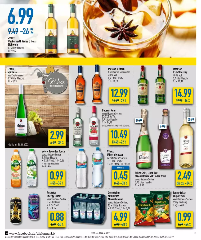 Aktueller Prospekt Diska - Prospekte - von 31.10 bis 05.11.2022 - strona 8 - produkty: alkohol, Alwa, bacardi, bacardi rum, chips, chipsfrisch, drink, eier, eis, energy drink, flasche, funny-frisch, gerolsteine, gerolsteiner, Glühwein, irish whiskey, jameson, Metaxa, mineralwasser, reis, Rockstar, rum, sekt, Spezi, steiner, tee, Ti, vitrex, volvic, wasser, wein, whiskey, ZTE