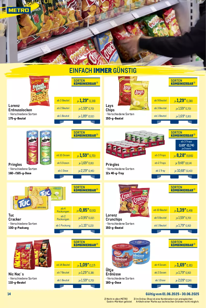 Aktueller Prospekt Metro - Monats-Mix - von 01.06 bis 30.06.2025 - strona 15 - produkty: angebot, beutel, chips, chipsfrisch, cracker, crunchips, eis, erdnuss, erdnüsse, Funny Frisch, lays, lorenz, lorenz crunchips, Metro, nuss, pringles, reis, ring, Ti, tuc, ültje, ültje erdnüsse