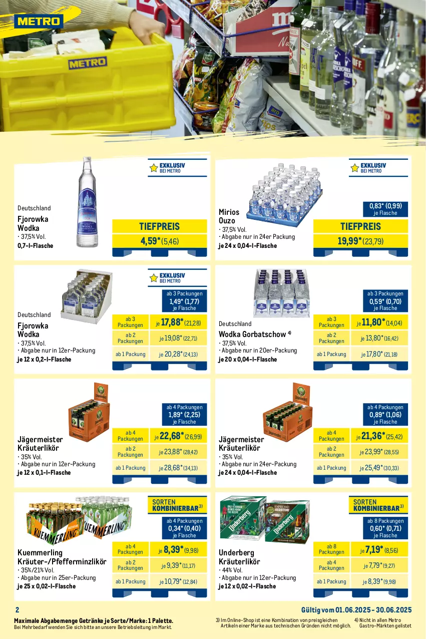 Aktueller Prospekt Metro - Monats-Mix - von 01.06 bis 30.06.2025 - strona 2 - produkty: cola, doppelkorn, eis, flasche, Germ, getränk, getränke, Gorbatschow, Havana Club, jägermeister, kleiner feigling, korn, kräuter, kräuterlikör, kuemmerling, leine, likör, Meister, merl, Metro, metro gastro, nordbrand, ouzo, Palette, pfeffer, pfefferminzlikör, reis, Three Sixty, Ti, tiefpreis, underberg, vodka, wodka