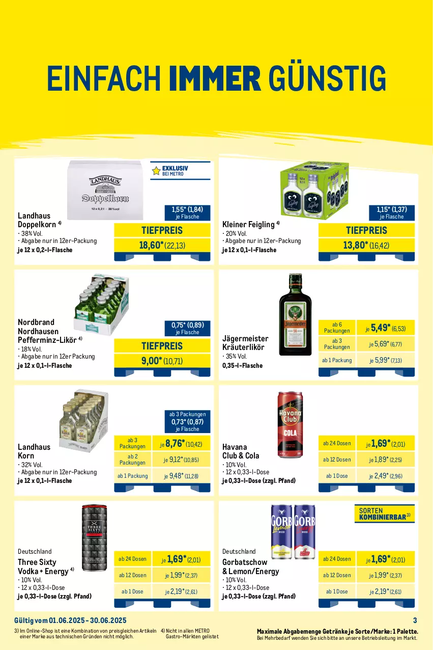 Aktueller Prospekt Metro - Monats-Mix - von 01.06 bis 30.06.2025 - strona 3 - produkty: cola, doppelkorn, eis, flasche, Germ, getränk, getränke, Gorbatschow, Havana Club, jägermeister, kleiner feigling, korn, kräuter, kräuterlikör, kuemmerling, leine, likör, Meister, merl, Metro, metro gastro, nordbrand, ouzo, Palette, pfeffer, pfefferminzlikör, reis, Three Sixty, Ti, tiefpreis, underberg, vodka, wodka