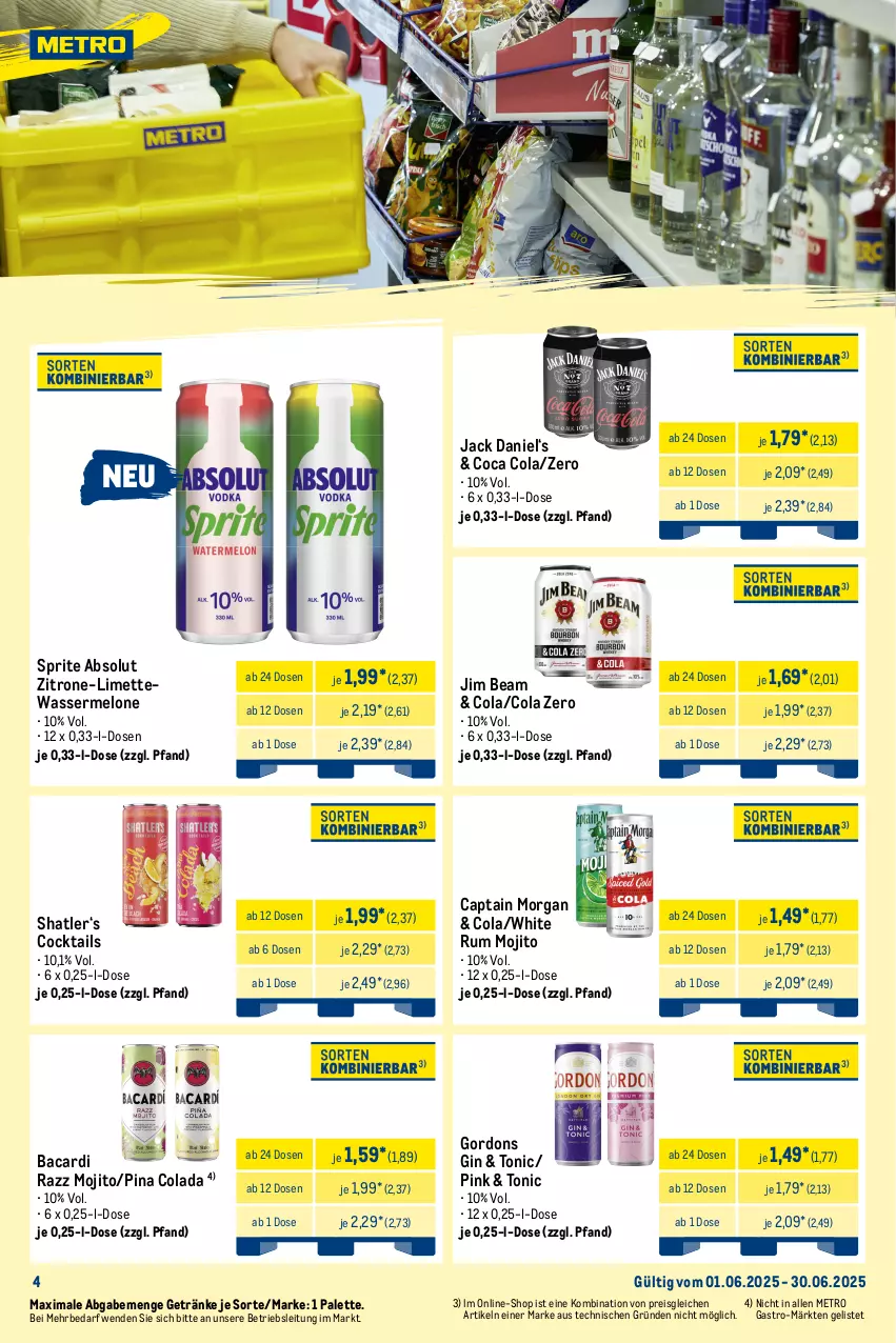 Aktueller Prospekt Metro - Monats-Mix - von 01.06 bis 30.06.2025 - strona 4 - produkty: ananas, angebot, bacardi, Becher, beere, beeren, berentzen, brita, Cap, captain morgan, chardonnay, cider, cocktail, cocktails, cola, de blancs, eis, ente, flasche, frucht, früchte, früchten, getränk, getränke, gin, gordon, gordons, grand sud, grapefruit, jack daniel, jim beam, kleiner feigling, leine, lillet, limette, melone, Metro, metro gastro, Mett, mojito, Palette, reis, rum, sprite, Stachelbeeren, Ti, tonic, wasser, wassermelone, white rum, zitrone