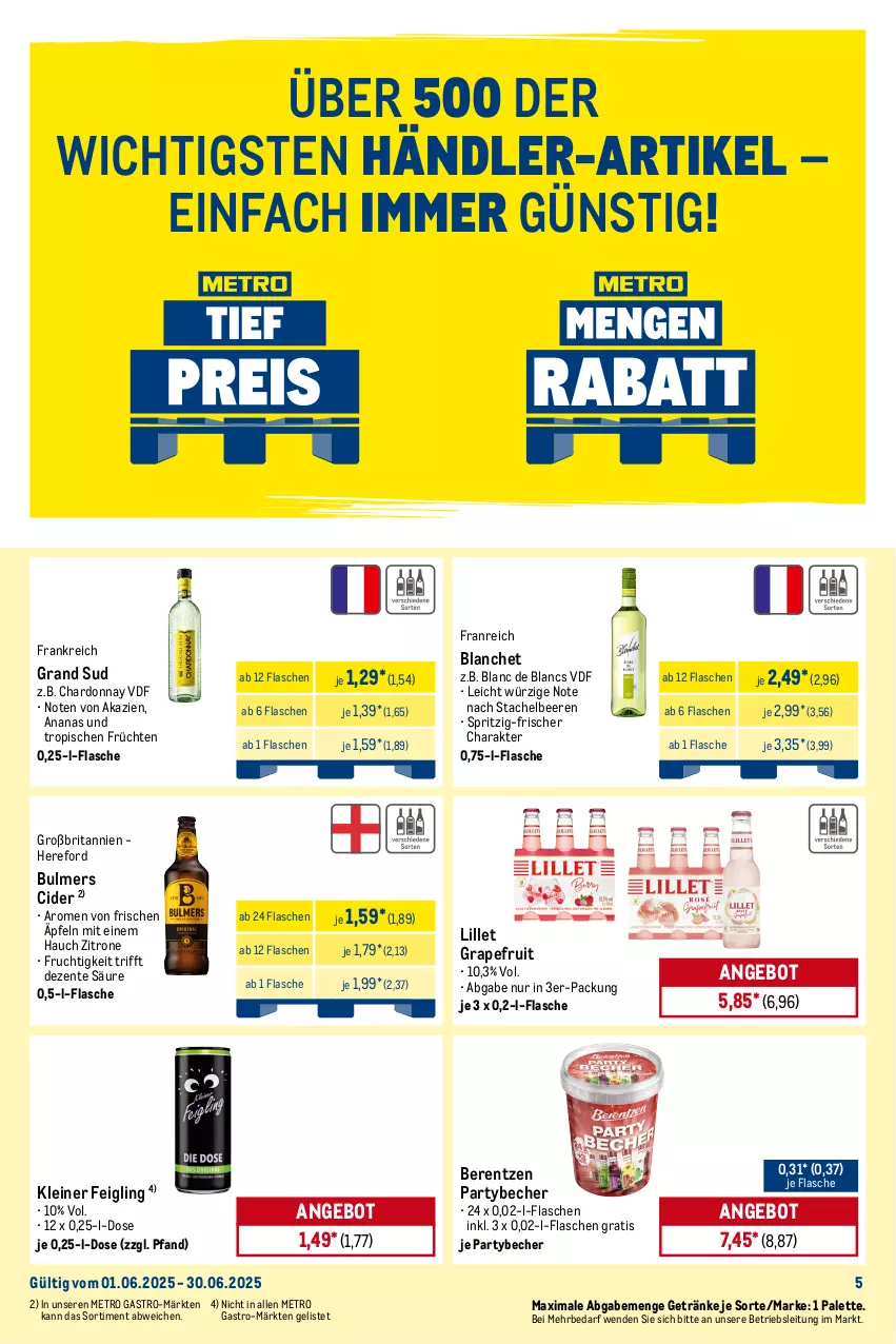 Aktueller Prospekt Metro - Monats-Mix - von 01.06 bis 30.06.2025 - strona 5 - produkty: ananas, angebot, bacardi, Becher, beere, beeren, berentzen, brita, Cap, captain morgan, chardonnay, cider, cocktail, cocktails, cola, de blancs, eis, ente, flasche, frucht, früchte, früchten, getränk, getränke, gin, gordon, gordons, grand sud, grapefruit, jack daniel, jim beam, kleiner feigling, leine, lillet, limette, melone, Metro, metro gastro, Mett, mojito, Palette, reis, rum, sprite, Stachelbeeren, Ti, tonic, wasser, wassermelone, white rum, zitrone