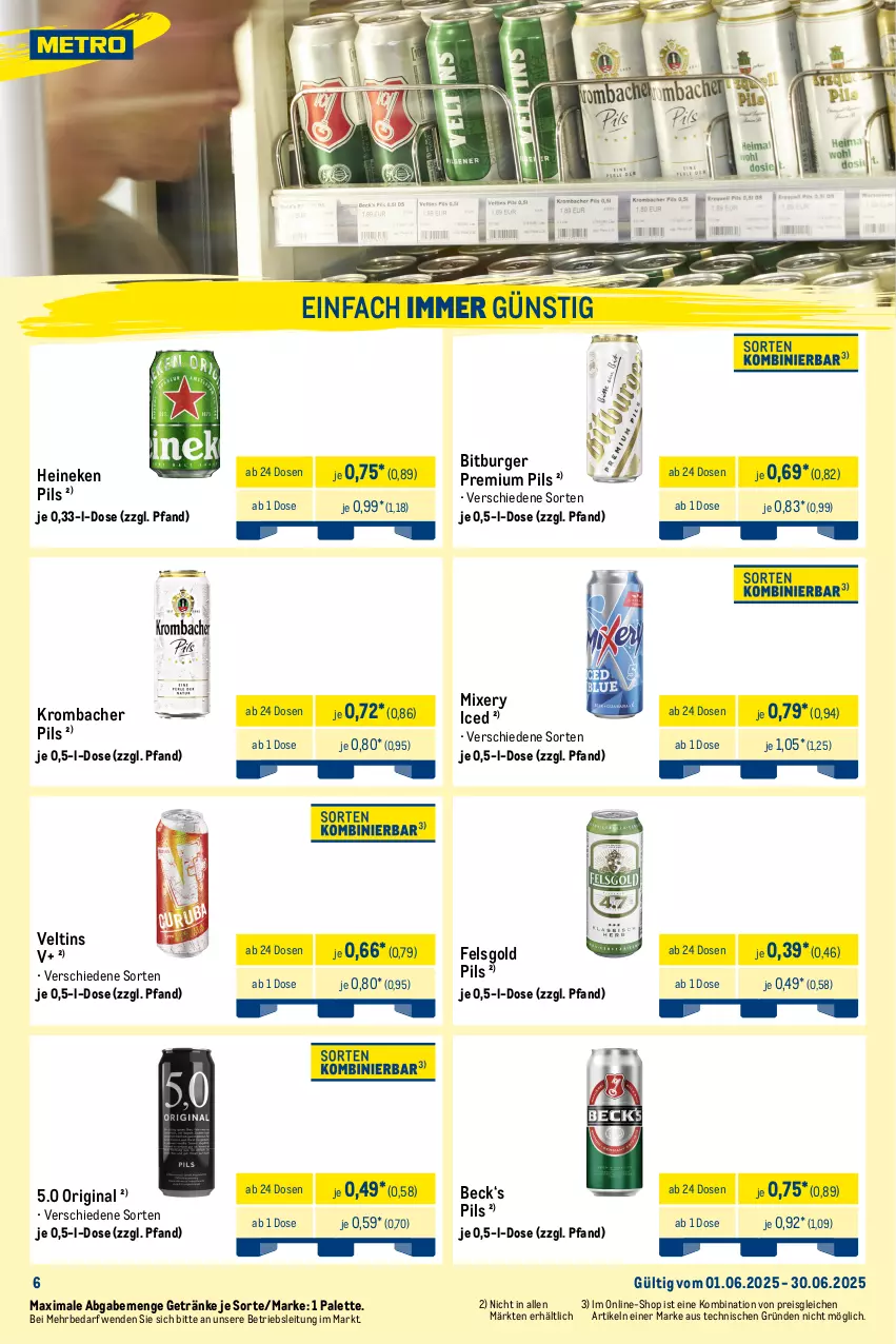 Aktueller Prospekt Metro - Monats-Mix - von 01.06 bis 30.06.2025 - strona 6 - produkty: alkohol, alkoholfreie getränke, angebot, angebote, bier, Biere, bitburger, burger, decke, desperados, eis, flasche, getränk, getränke, gin, heineken, karlsberg, karlsberg mixery, krombache, krombacher, krombacher pils, Metro, Mixer, mixery, Palette, pils, pilsener, premium pils, reis, tequila, Ti, veltins