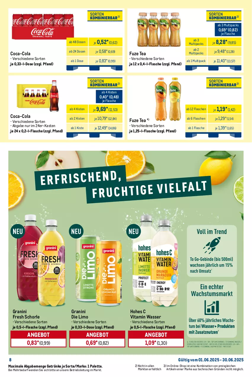 Aktueller Prospekt Metro - Monats-Mix - von 01.06 bis 30.06.2025 - strona 9 - produkty: adelholzener, angebot, beutel, Cap, capri-sun, coca-cola, cola, durstlöscher, eis, eistee, flasche, frucht, fruchtsaft, fruchtsaftgetränk, fuze tea, getränk, getränke, granini, granini die limo, Hohes C, Holz, limo, lipton, Palette, pfanne, Pfanner, reis, saft, schorle, tee, Ti, tiefpreis, vita, wasser