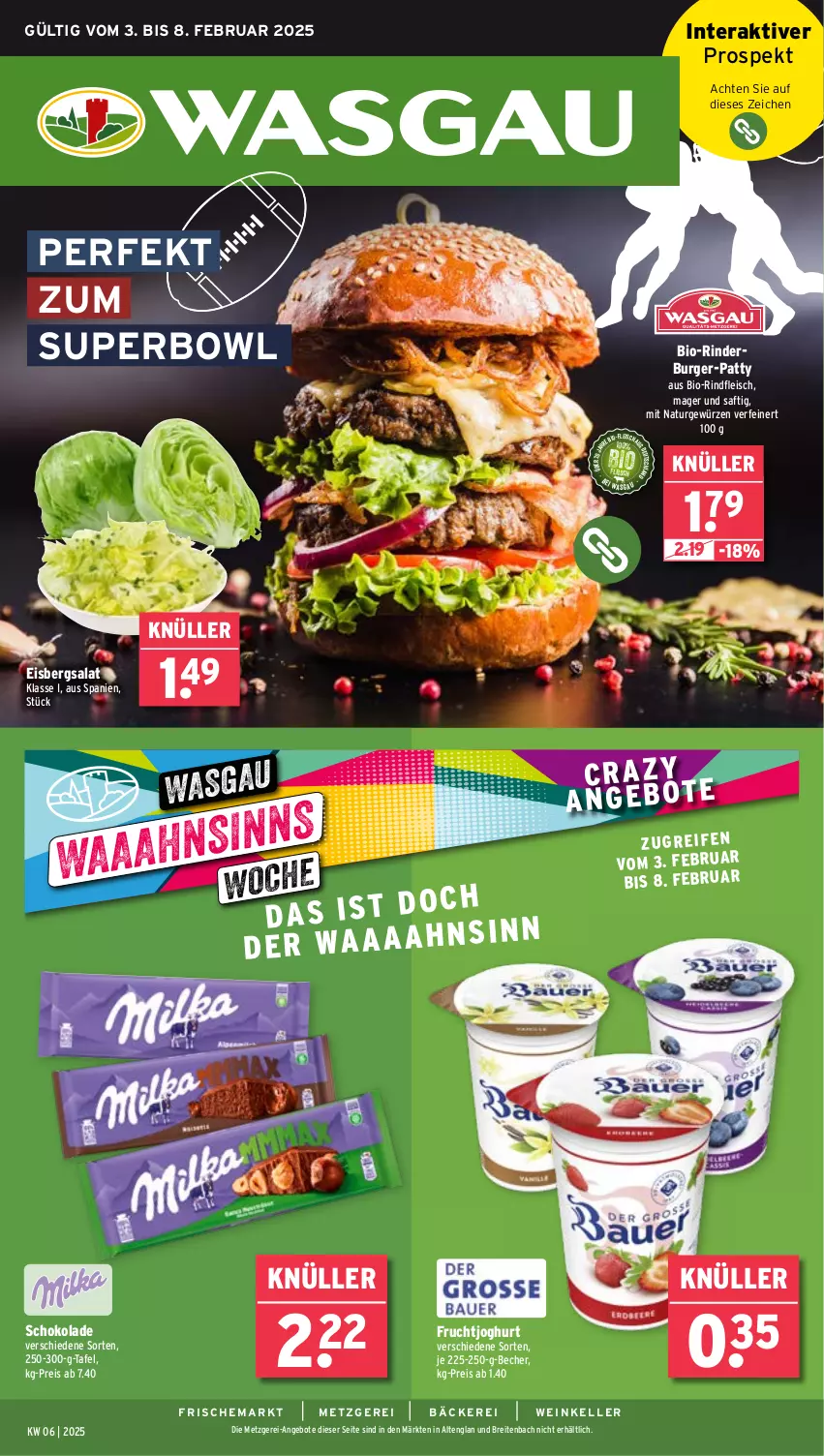 Aktueller Prospekt Wasgau - von 03.02 bis 08.02.2025 - strona 1 - produkty: angebot, angebote, Becher, bio, bio-rindfleisch, Brei, burger, eis, eisbergsalat, elle, fleisch, frucht, fruchtjoghurt, gewürz, joghur, joghurt, natur, reis, rind, rinder, rindfleisch, saft, salat, schoko, schokolade, Ti, wein