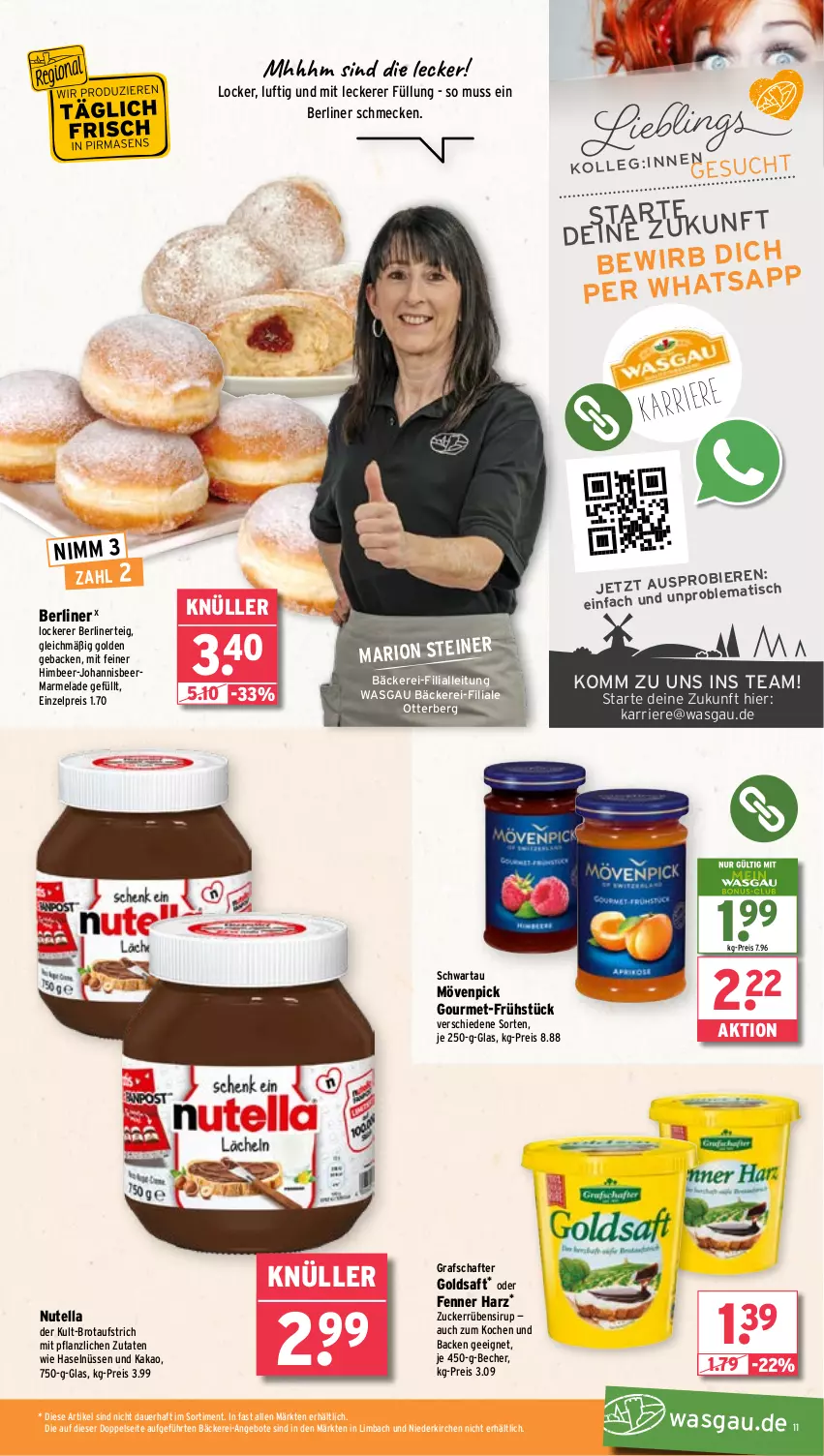 Aktueller Prospekt Wasgau - von 03.02 bis 08.02.2025 - strona 11 - produkty: angebot, angebote, auer, aufstrich, Becher, berliner, bier, Biere, brot, brotaufstrich, eis, geback, goldsaft, grafschafter, himbeer, kakao, marmelade, mövenpick, nutella, reis, saft, Schwartau, sirup, Ti, tisch, zucker