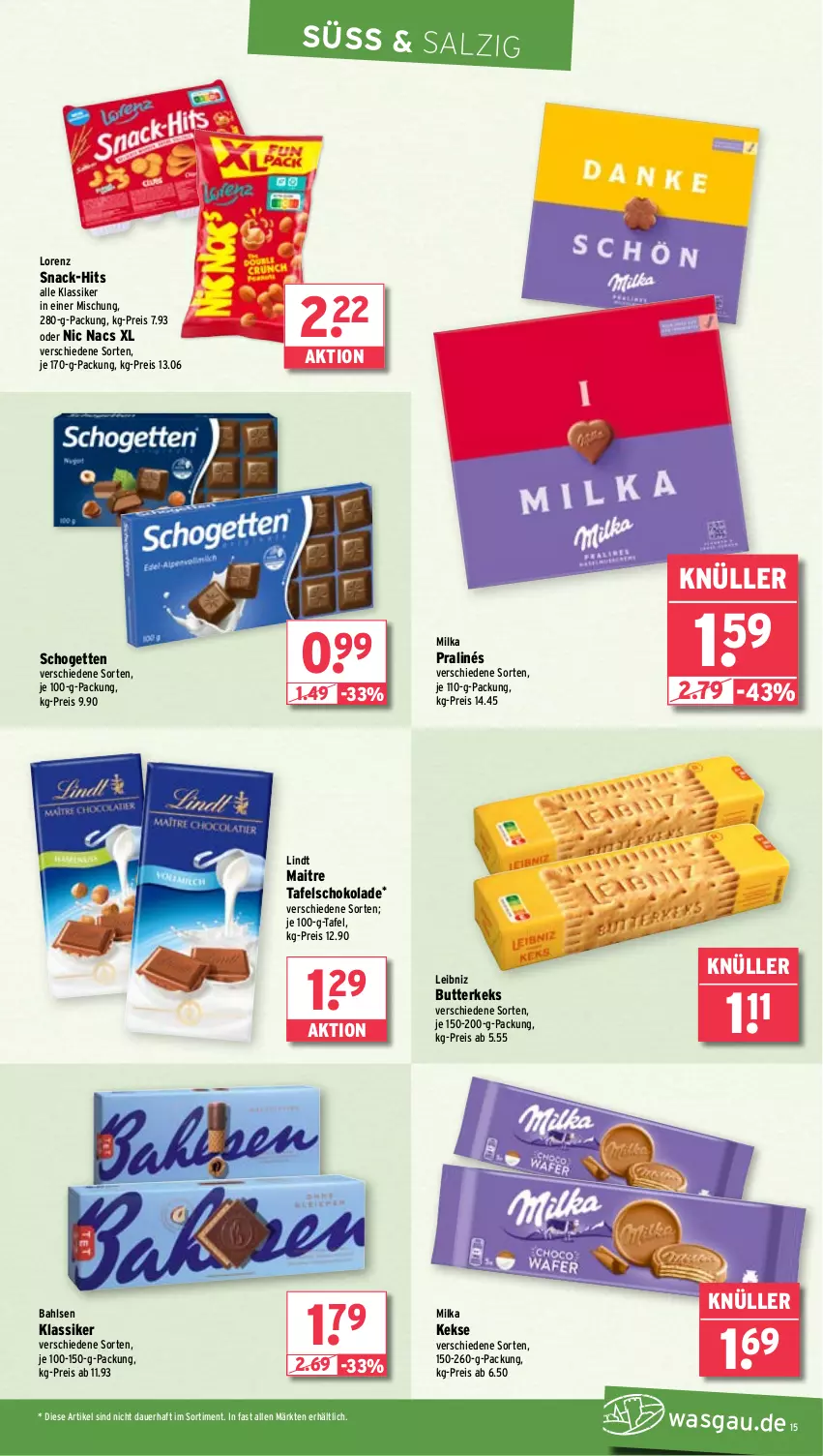 Aktueller Prospekt Wasgau - von 03.02 bis 08.02.2025 - strona 15 - produkty: auer, bahlsen, butter, butterkeks, eis, keks, kekse, leibniz, lindt, lorenz, milka, reis, salz, schogetten, schoko, schokolade, snack, tafelschokolade, Ti