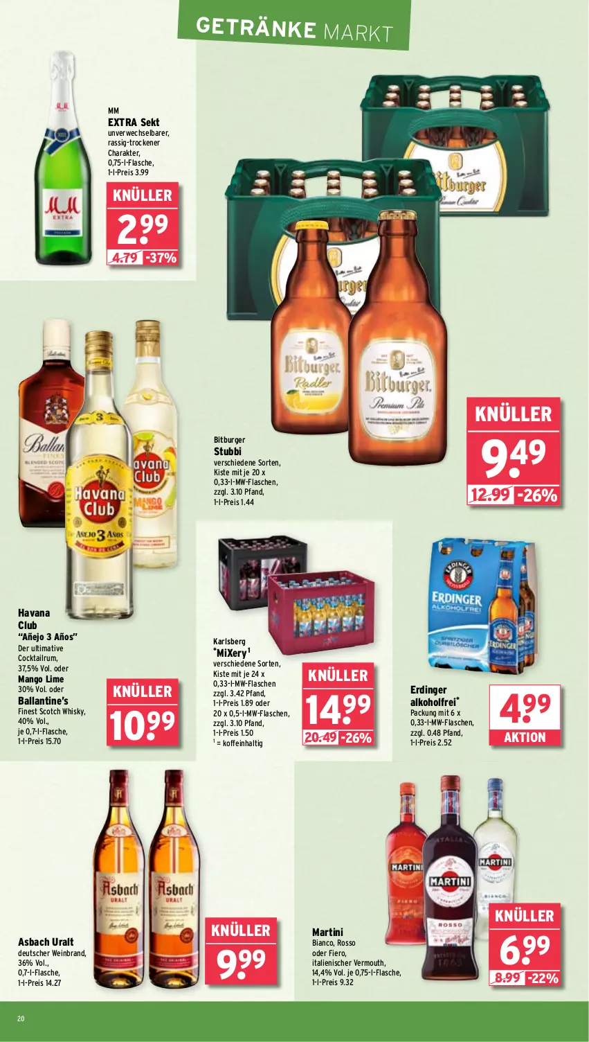 Aktueller Prospekt Wasgau - von 03.02 bis 08.02.2025 - strona 20 - produkty: alkohol, asbach uralt, ball, bitburger, burger, cocktail, eis, erdinger, flasche, getränk, getränke, Havana Club, karlsberg, mango, martini, Mixer, mixery, mm extra, mw-flasche, reis, rum, rwe, scotch, scotch whisky, sekt, Ti, Vermouth, wein, weinbrand, whisky