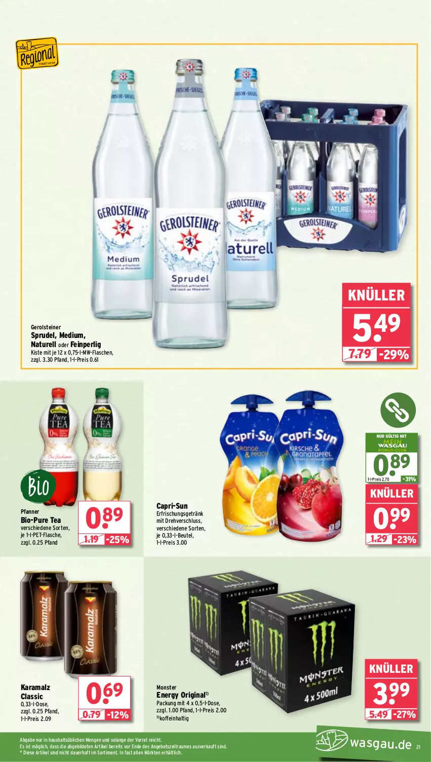 Aktueller Prospekt Wasgau - von 03.02 bis 08.02.2025 - strona 21 - produkty: angebot, auer, beutel, bio, Cap, capri-sun, eis, erfrischungsgetränk, flasche, gerolsteine, gerolsteiner, getränk, gin, karamalz, malz, monster, Monster Energy, mw-flasche, natur, pet-flasche, pfanne, Pfanner, rama, reis, rel, Sprudel, steiner, Ti