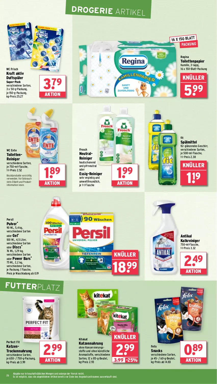 Aktueller Prospekt Wasgau - von 03.02 bis 08.02.2025 - strona 26 - produkty: angebot, beutel, bio, biozidprodukte, eis, ente, essig, felix, flasche, Frosch, geschirr, gin, je 500-ml-flasche, Kalkreiniger, Kamill, kamille, katzennahrung, kitekat, kraft, papier, Perfect Fit, persil, Rauch, reiniger, reis, rwe, snack, snacks, spülmittel, Ti, toilettenpapier, Trockennahrung, wc ente, wc frisch, WC Frisch Kraft Aktiv