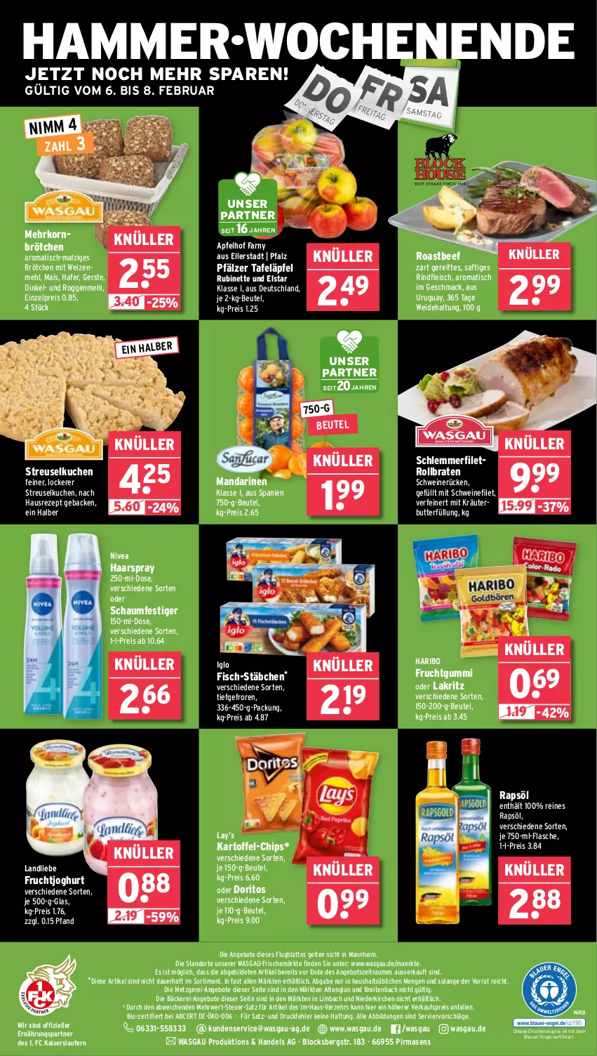 Aktueller Prospekt Wasgau - von 03.02 bis 08.02.2025 - strona 28 - produkty: angebot, angebote, apfel, auer, beef, beutel, bio, braten, Brei, brötchen, butter, chips, Doritos, drucker, eis, elle, Engel, filet, fisch, flasche, fleisch, frucht, fruchtgummi, fruchtjoghurt, geback, haarspray, hafer, haribo, iglo, joghur, joghurt, Kaiser, kartoffel, kerze, korn, kräuter, kräuterbutter, kuchen, Lakritz, landliebe, latte, mac, mais, malz, mandarine, mandarinen, mehl, mehrkornbrötchen, nivea, oder lakritz, oder schaumfestiger, rapsöl, reines rapsöl, reis, rezept, rind, rindfleisch, roastbeef, rollbraten, Rubin, rwe, saft, schaumfestiger, schlemmerfilet, schwein, schweine, schweinefilet, schweinerücken, Streuselkuchen, tafeläpfel, Ti, tisch, wein, weine, weizenmehl