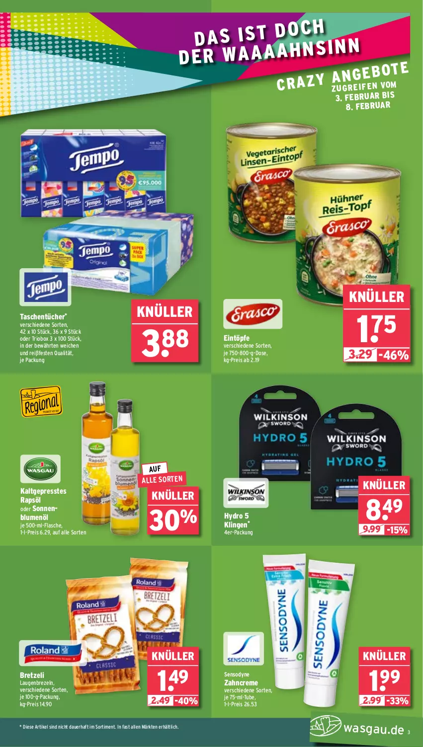 Aktueller Prospekt Wasgau - von 03.02 bis 08.02.2025 - strona 3 - produkty: auer, blume, blumen, blumenöl, brezel, Brezeln, creme, eintöpfe, eis, flasche, je 500-ml-flasche, Laugenbrezel, rapsöl, reis, sensodyne, sonnenblume, sonnenblumen, sonnenblumenöl, Tasche, taschen, taschentücher, Ti, tücher, zahncreme