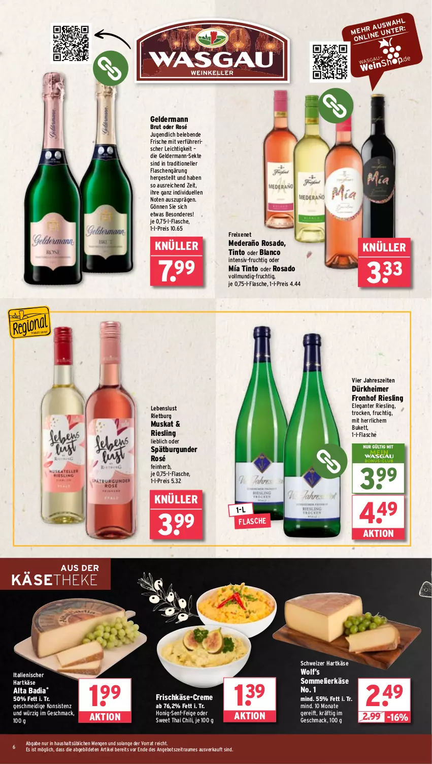 Aktueller Prospekt Wasgau - von 03.02 bis 08.02.2025 - strona 6 - produkty: angebot, Bad, brut, burgunder, chili, creme, eimer, eis, elle, flasche, freixenet, frischkäse, frucht, geldermann, hartkäse, honig, Honig-Senf, italienischer hartkäse, Käse, käsetheke, mac, reis, riesling, schweizer hartkäse, sekt, senf, spätburgunder, Ti