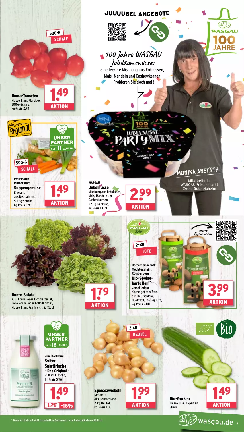 Aktueller Prospekt Wasgau - von 03.02 bis 08.02.2025 - strona 9 - produkty: angebot, angebote, auer, beutel, bier, Biere, bio, bunte salate, Cashew, cashewkerne, Eichblattsalat, eis, erdnüsse, erdnüssen, flasche, gin, gurke, gurken, Jubiläums, kartoffel, kartoffeln, mais, mandel, mandeln, reis, salat, salate, Schal, Schale, speisekartoffeln, Speisezwiebeln, suppe, suppen, Sylter, Ti, tomate, tomaten, Tüte, Zum Dorfkrug, zwiebel, zwiebeln