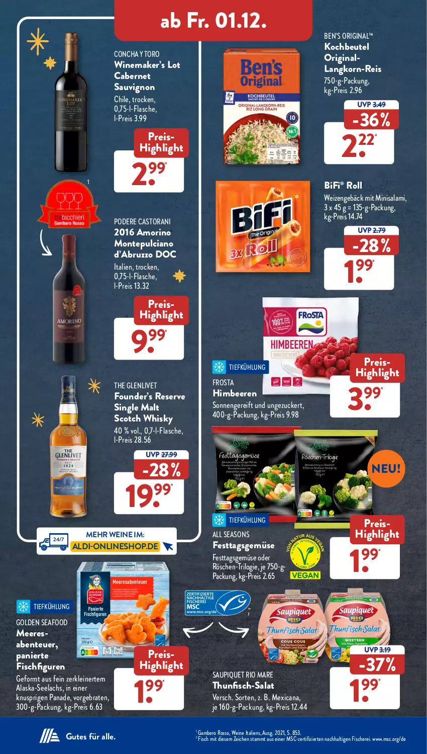 Aktueller Prospekt AldiSud - NÄCHSTE WOCHE - von 27.11 bis 02.12.2023 - strona 38 - produkty: Alaska-Seelachs, aldi, Amber, beere, beeren, Ben’s Original, beutel, bifi, braten, cabernet, cabernet sauvignon, eis, ente, fisch, fische, Fischer, flasche, frosta, gin, himbeer, himbeere, himbeeren, kochbeutel, korn, lachs, leine, monte, Montepulciano, reis, resa, Rio Mare, salami, salat, saupiquet, sauvignon, Schere, scotch, scotch whisky, single malt, thunfisch, Ti, wein, weine, whisky, zucker