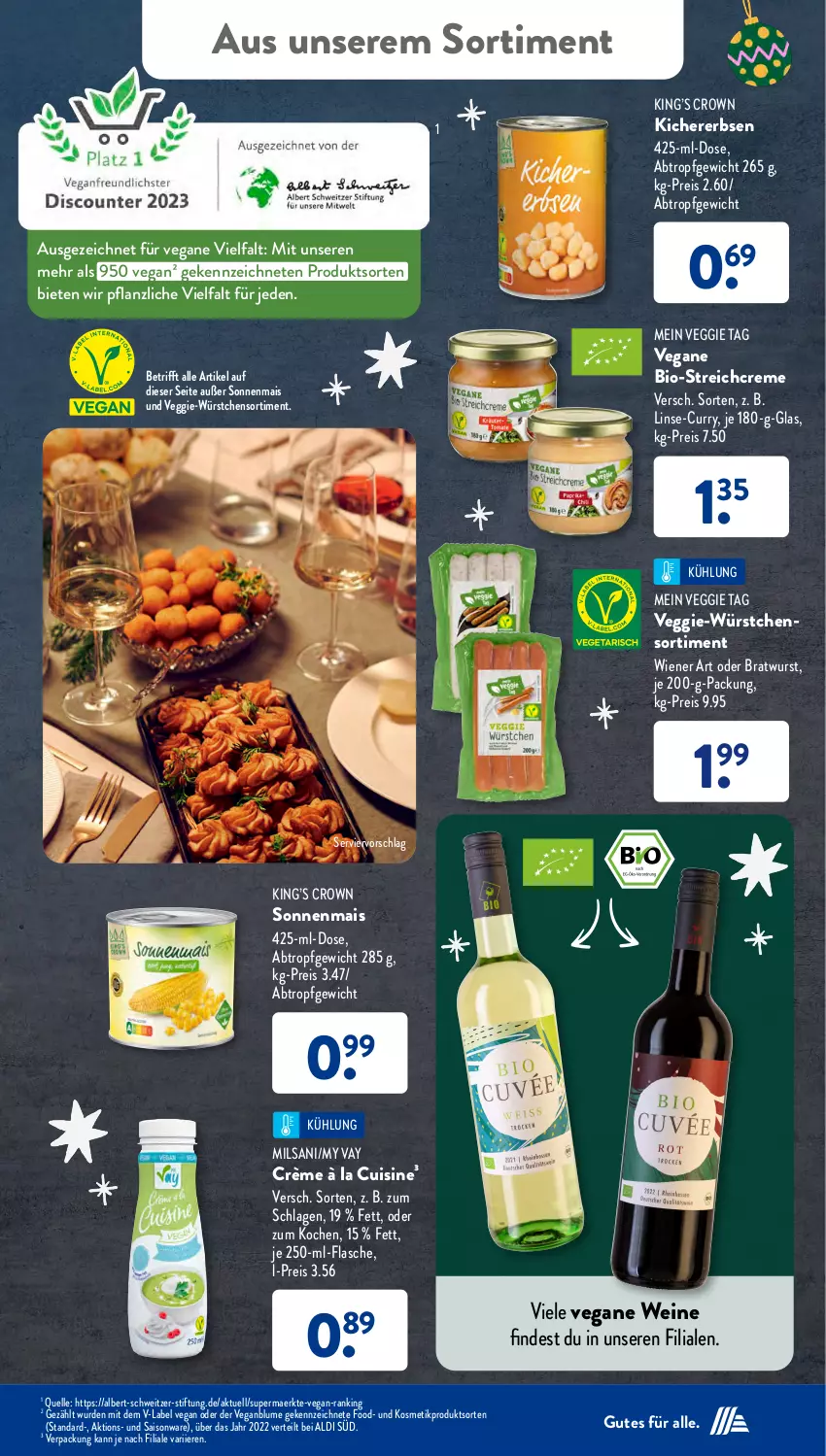 Aktueller Prospekt AldiSud - NÄCHSTE WOCHE - von 27.11 bis 02.12.2023 - strona 45 - produkty: aldi, bio, blume, bratwurst, creme, curry, eis, elle, erbsen, flasche, kichererbsen, kosmetik, mais, reis, Ti, veggie, wein, weine, wiener, wurst, würstchen