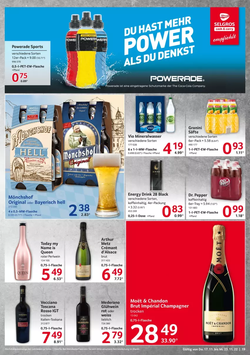 Aktueller Prospekt Selgros - Food - von 17.11 bis 23.11.2022 - strona 19 - produkty: Alwa, brut, drink, eis, energy drink, flasche, gin, Glühwein, granini, lack, mineralwasser, moet, mönchshof, mw-flasche, Ria, sac, Sport, Ti, wasser, wein