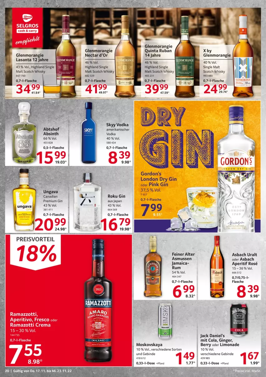 Aktueller Prospekt Selgros - Food - von 17.11 bis 23.11.2022 - strona 20 - produkty: aperitif, asbach uralt, cola, dry gin, eis, flasche, gin, ginger, jack daniel, Jack Daniel’s, limo, limonade, london dry, london dry gin, moskovskaya, preisvorteil, reis, rum, scotch, scotch whisky, single malt, skyy, Skyy Vodka, Ti, vodka, whiskey, whisky