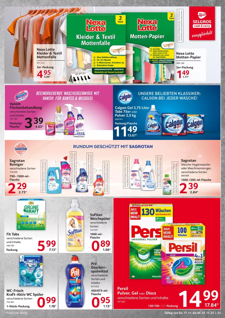 Aktueller Prospekt Selgros - Food - von 17.11 bis 23.11.2022 - strona 21 - produkty: calgon, eis, flasche, geschirr, hygienespüler, kleid, kleider, kraft, LG, maschinenreiniger, Mottenfalle, nexa, Nexa Lotte, papier, pril, reiniger, sagrotan, Softlan, spülmittel, Ti, vanish, weichspüler