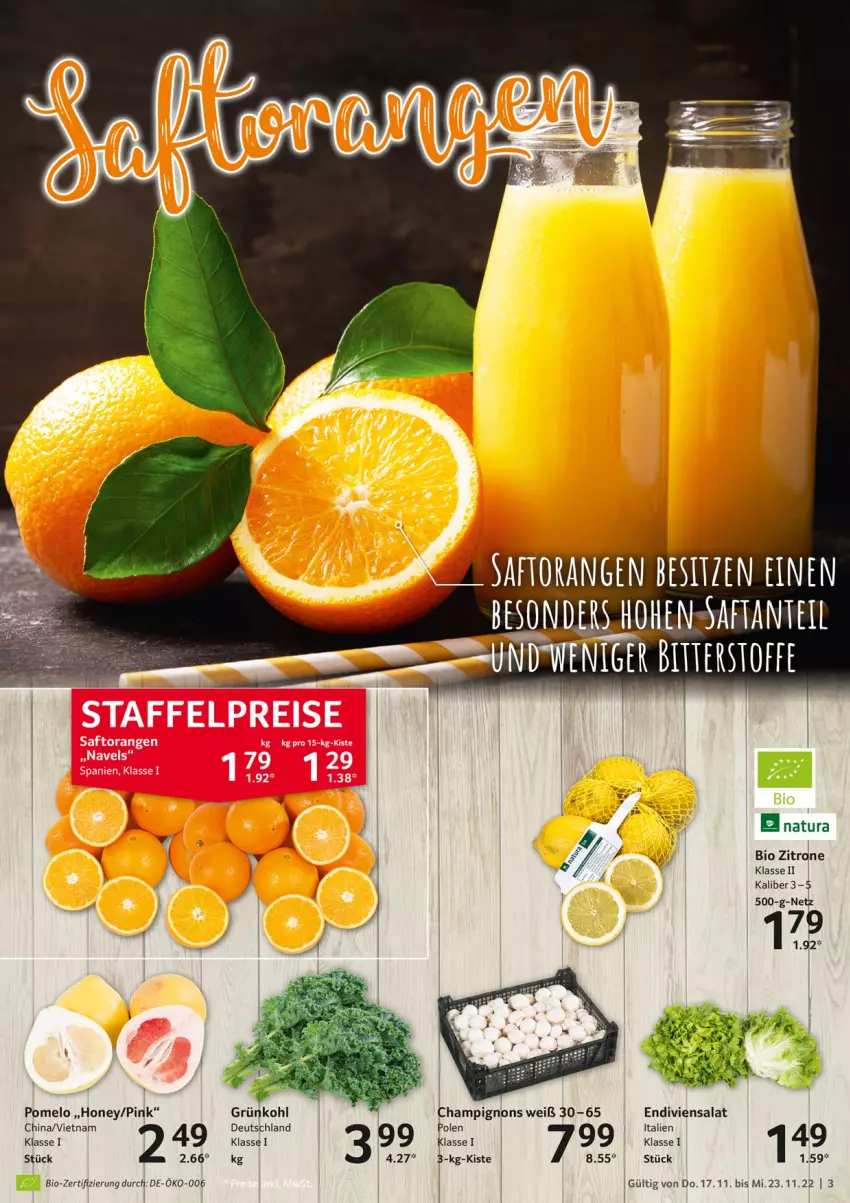 Aktueller Prospekt Selgros - Food - von 17.11 bis 23.11.2022 - strona 3 - produkty: bio, champignon, champignons, natur, natura, orange, orangen, Pomelo, saft, Saftorangen, salat, Ti, zitrone