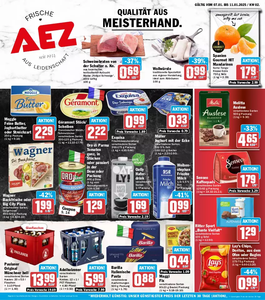 Aktueller Prospekt Aez - Prospekte - von 07.01 bis 11.01.2025 - strona 1 - produkty: adelholzener, barilla, Becher, beutel, braten, bugles, butter, chips, coupon, Doritos, drink, eis, elle, exquisa, flasche, frische milch, frischkäse, frischkäsezubereitung, géramont, gin, glasflasche, hafer, Haferdrink, hofgut, Holz, italienische pasta, joghur, joghurt, joghurt mit der ecke, kaffee, kaffeepads, Käse, maggi, maggi fix, mandarine, mandarinen, meggle, Meister, melitta, milch, Müller, Ofen, oro di parma, pasta, Paula, paulaner, pizza, reis, ritter, ritter sport, saft, Schmelzkäse, schwein, schweine, schweinebraten, senseo, Spezi, Sport, Streichzart, Ti, tomate, tomaten, trolli, wagner, weihenstephan, wein, weine, ZTE