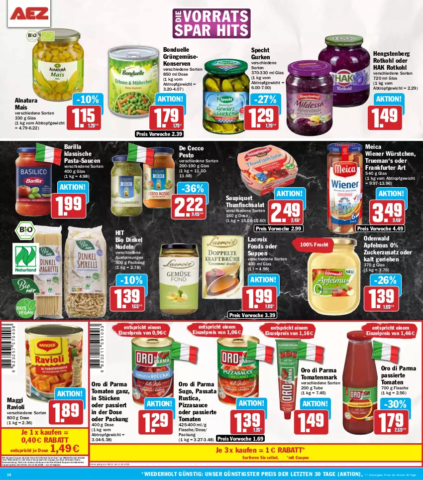 Aktueller Prospekt Aez - Prospekte - von 07.01 bis 11.01.2025 - strona 14 - produkty: apfel, apfelmus, barilla, bio, bonduelle, coupon, coupons, De Cecco, ecco, eis, elle, fisch, flasche, frankfurter, frucht, Gemüsekonserve, gin, gurke, gurken, hengstenberg, Konserven, maggi, mais, meica, natur, natura, nudel, nudeln, odenwald, oro di parma, pasta, pasta-sauce, pesto, pizza, rabatt-coupon, ravioli, reis, rotkohl, salat, sauce, saucen, saupiquet, specht, Sugo, suppe, suppen, thunfisch, Thunfischsalat, Ti, Tiere, tomate, tomaten, tomatenmark, wiener, wiener würstchen, würstchen, ZTE, zucker