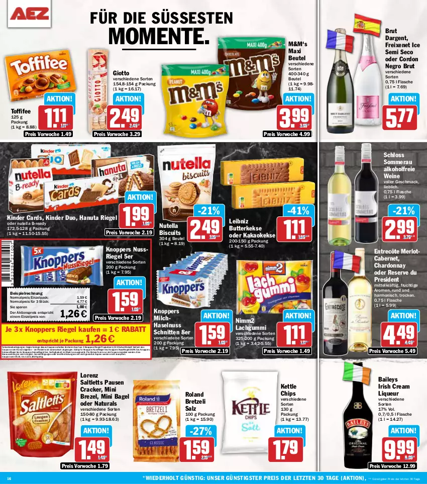 Aktueller Prospekt Aez - Prospekte - von 07.01 bis 11.01.2025 - strona 16 - produkty: aktionspreis, alkohol, auto, Bagel, baileys, beutel, brezel, brut, brut dargent, butter, butterkeks, cabernet, chardonnay, chips, coupon, coupons, cracker, eis, ente, entrecôte, erde, erdnuss, flasche, freixenet, frucht, giotto, hanuta, haselnuss, irish cream, kakao, keks, kekse, Kinder, knoppers, kokos, lachgummi, leibniz, liqueur, lorenz, mac, merl, merlot, milch, natur, natura, nimm2, nuss, nussriegel, nutella, reis, riegel, saltletts, salz, schnitten, sofort-rabatt, Ti, tisch, toffifee, wein, weine, ZTE