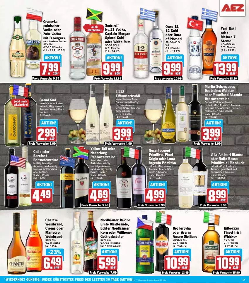 Aktueller Prospekt Aez - Prospekte - von 07.01 bis 11.01.2025 - strona 17 - produkty: alkohol, amaro, auer, aust, averna, Bad, Becher, Becherovka, Cap, captain morgan, chantré, creme, eis, ente, finesse, flasche, frucht, gallo, grand sud, hero, irish whiskey, kilbeggan, korn, kräuter, mariacron, Metaxa, moselland, nederburg, obst, ouzo, ouzo 12, Pinot, pinot grigio, primitivo, rebsortenweine, reis, Ria, rum, smirnoff, Ti, vodka, wein, weinbrand, weine, whiskey, white rum, wilthener, yellow tail, yeni raki, ZTE