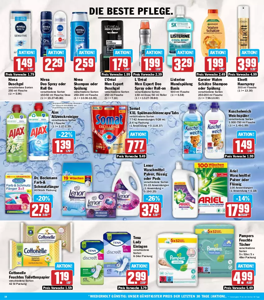 Aktueller Prospekt Aez - Prospekte - von 07.01 bis 11.01.2025 - strona 18 - produkty: ajax, allzweckreiniger, ariel, ariel waschmittel, bio, biozidprodukte, Cap, cottonelle, deo, deo spray, Dr. Beckmann, duschgel, eis, elle, elnett, feuchte tücher, feuchtes toilettenpapier, flasche, garnier, haarspray, Kuschelweich, L´Oréal, lenor, lenor waschmittel, listerine, mundspülung, nivea, pampers, papier, Pods, Rauch, reiniger, reis, roll-on, Roller, rwe, shampoo, shampoo oder spülung, somat, spülmaschinen, spülung, Tena Lady, Ti, toilettenpapier, tücher, Wahre Schätze, waschmittel, weck, weichspüler, ZTE